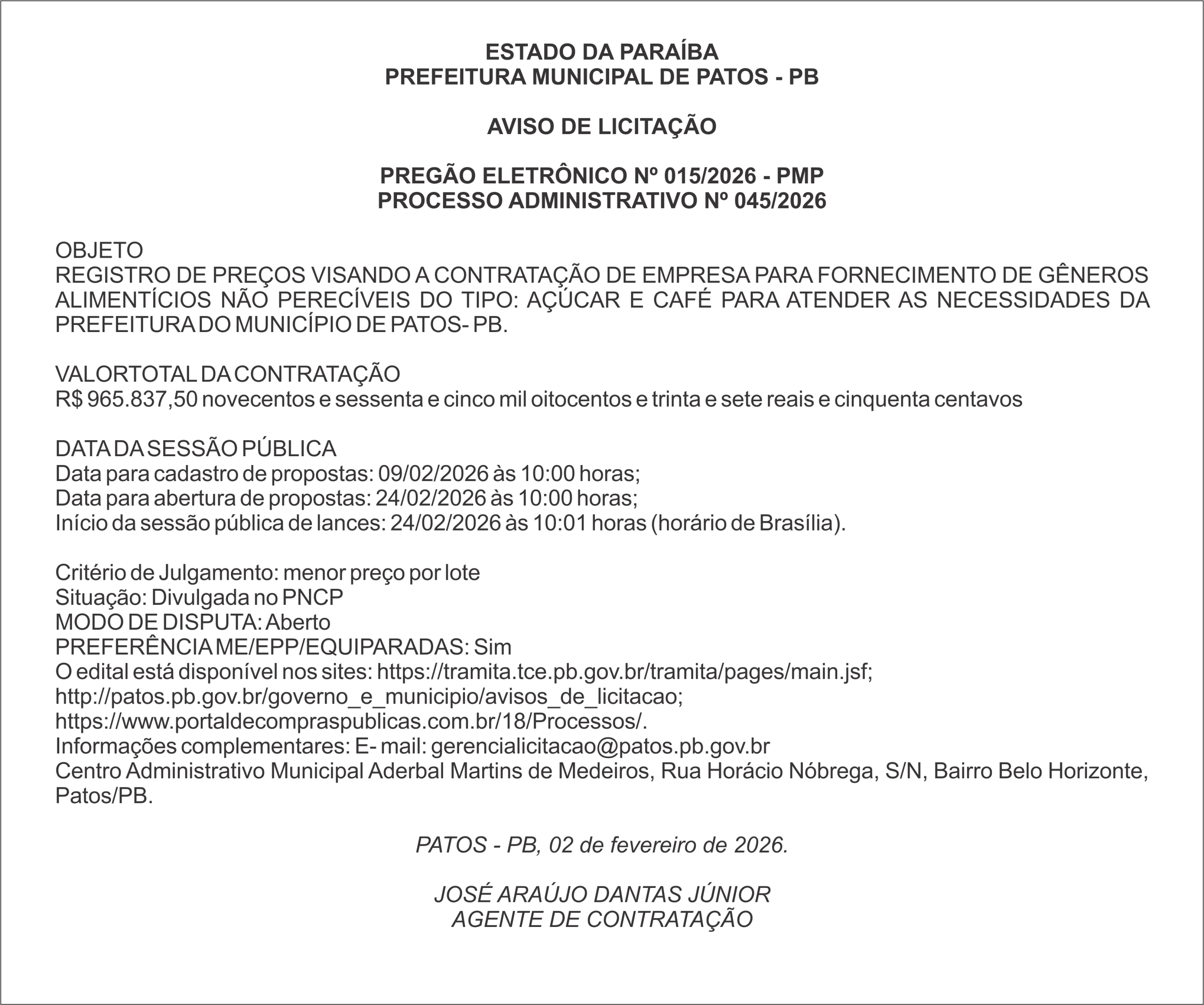 PREFEITURA MUNICIPAL DE PATOS – PB – PREGÃO ELETRÔNICO Nº 015/2026 – PMP