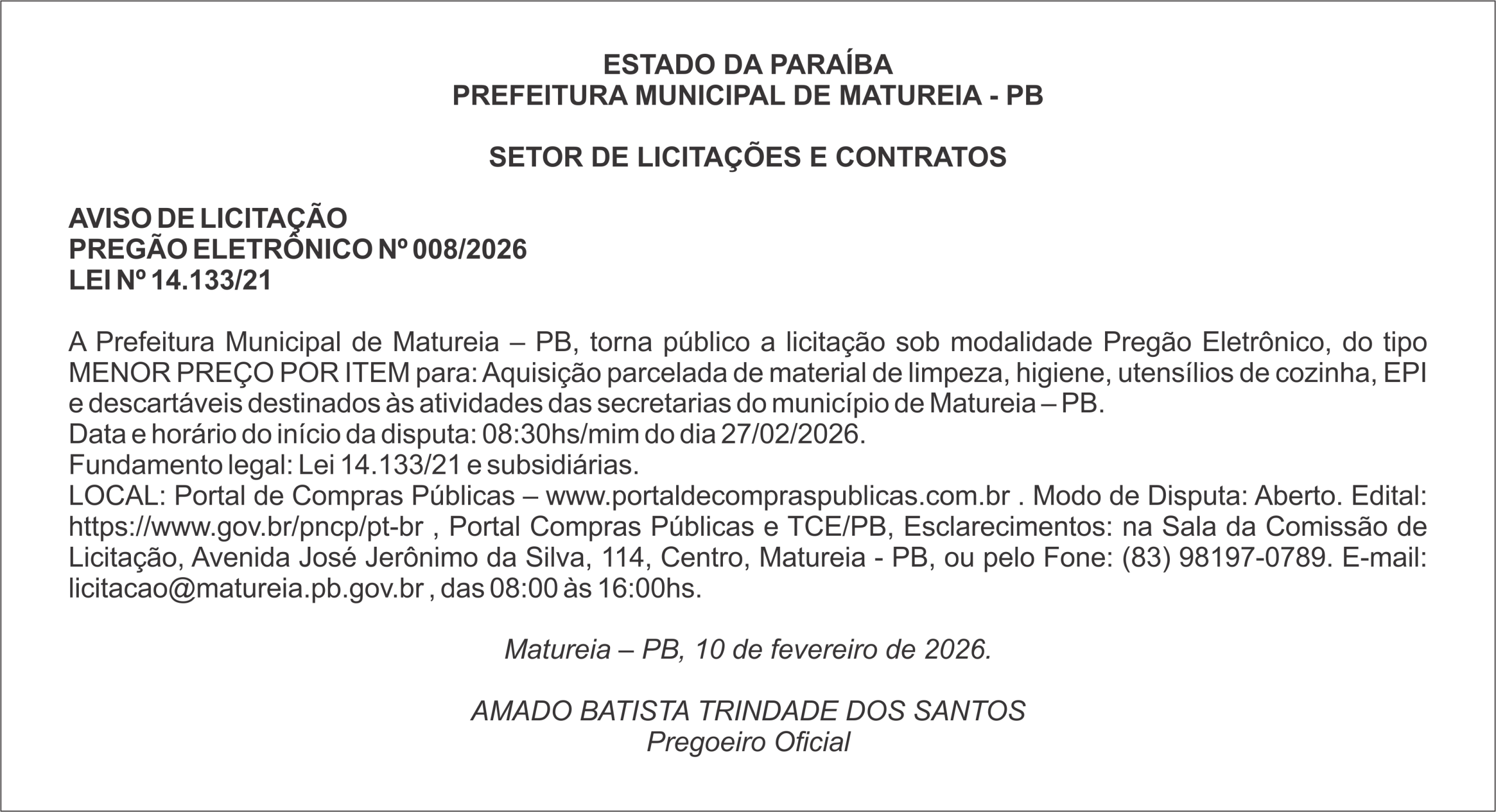 PREFEITURA MUNICIPAL DE MATUREIA – AVISO DE LICITAÇÃO – PREGÃO ELETRÔNICO Nº 008/2026