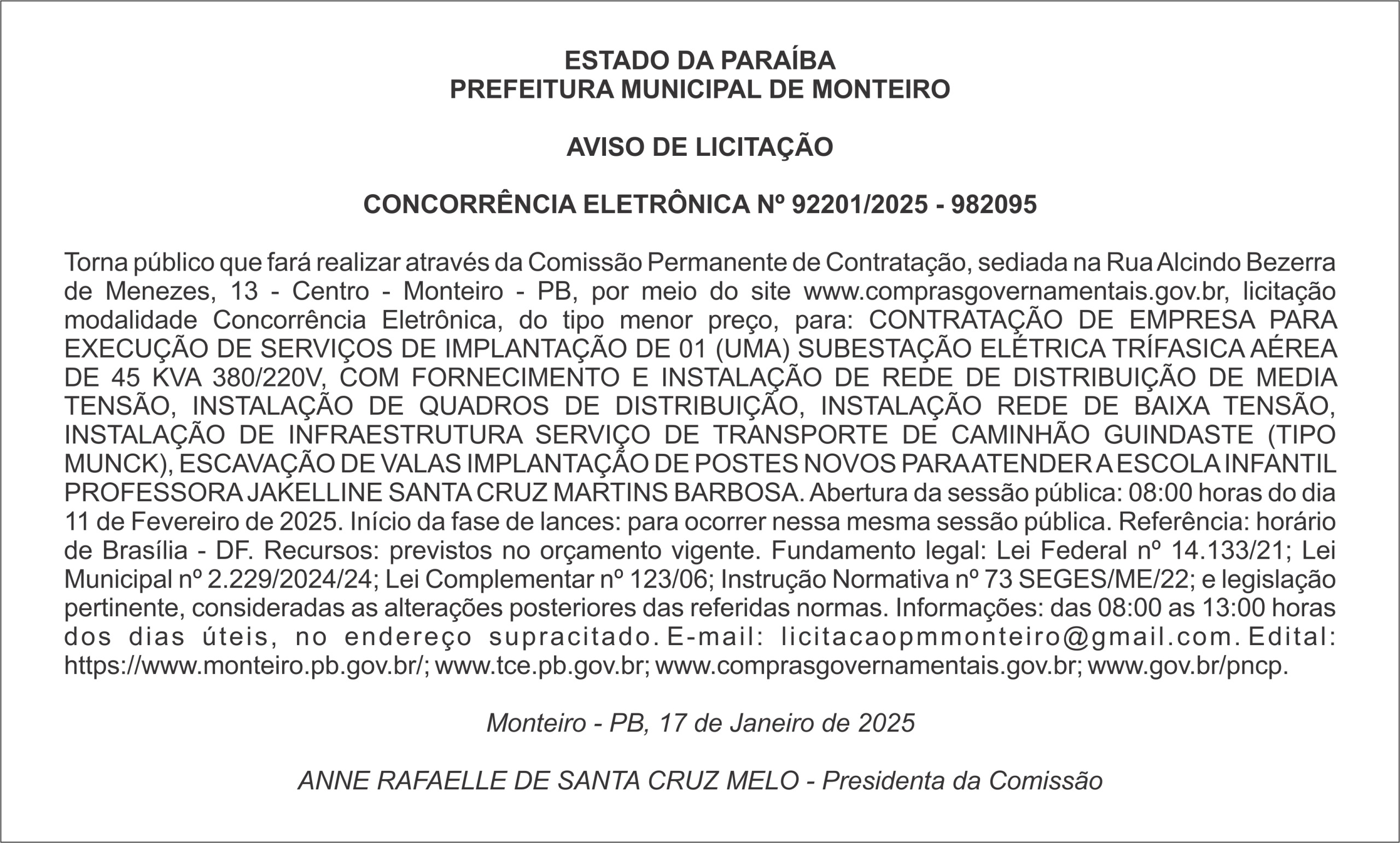 PREFEITURA MUNICIPAL DE MONTEIRO – AVISO DE LICITAÇÃO  CONCORRÊNCIA ELETRÔNICA Nº 92201/2025 – 982095