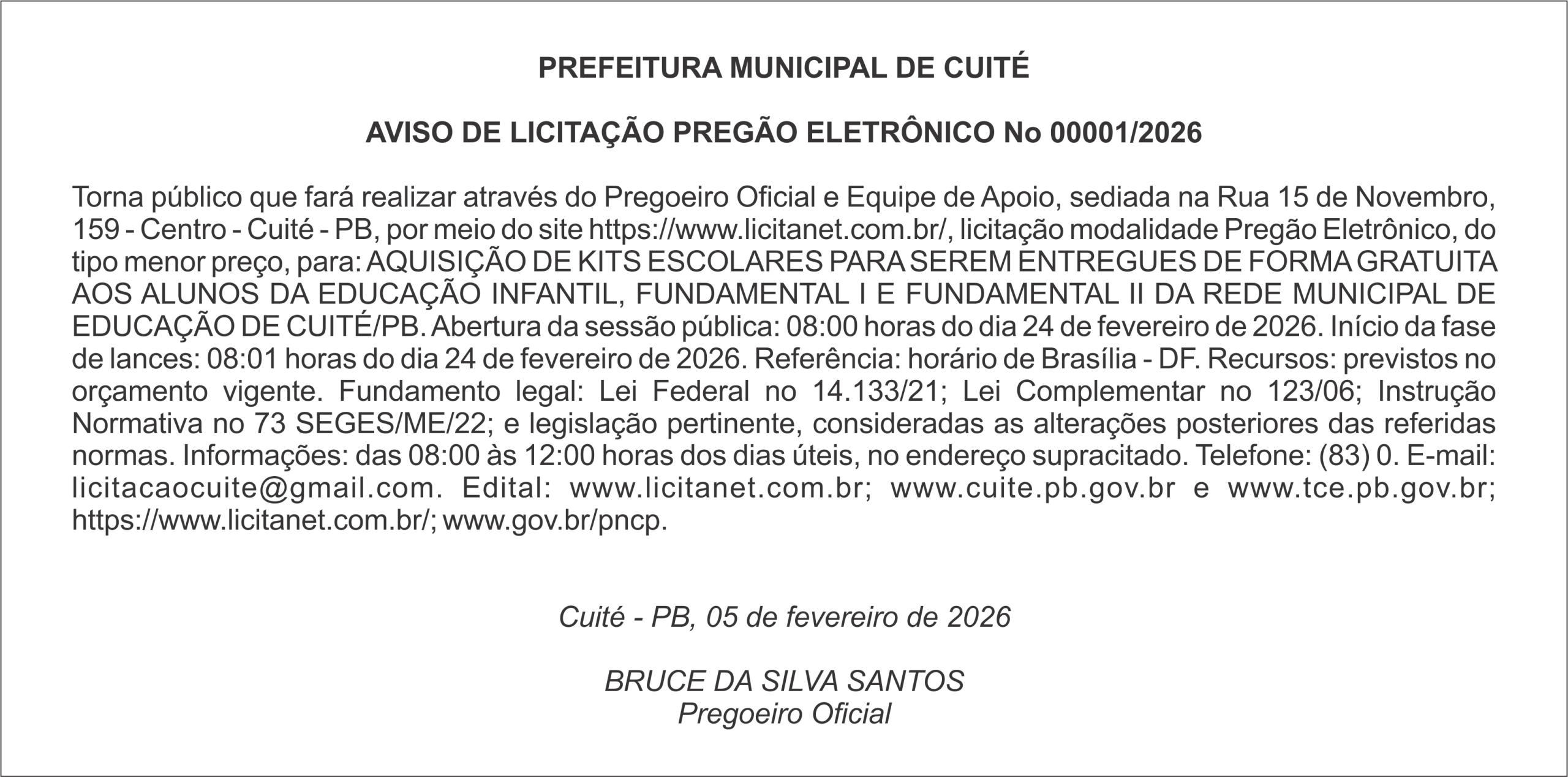 PREFEITURA MUNICIPAL DE CUITÉ – AVISO DE LICITAÇÃO – PREGÃO ELETRÔNICO No 00001/2026