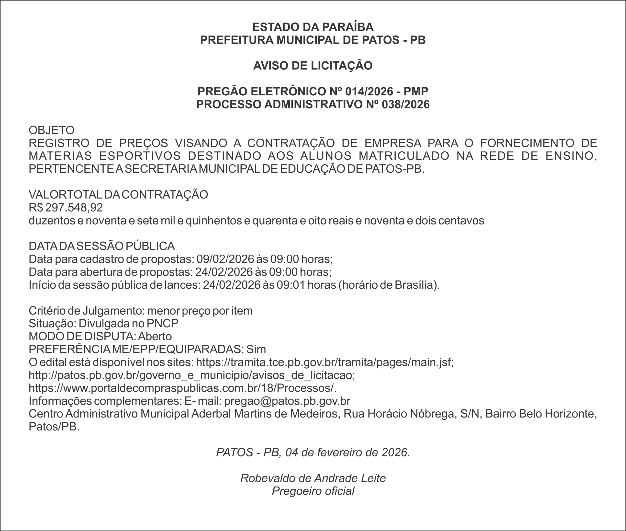 PREFEITURA MUNICIPAL DE PATOS – PB – PREGÃO ELETRÔNICO Nº 014/2026 – PMP