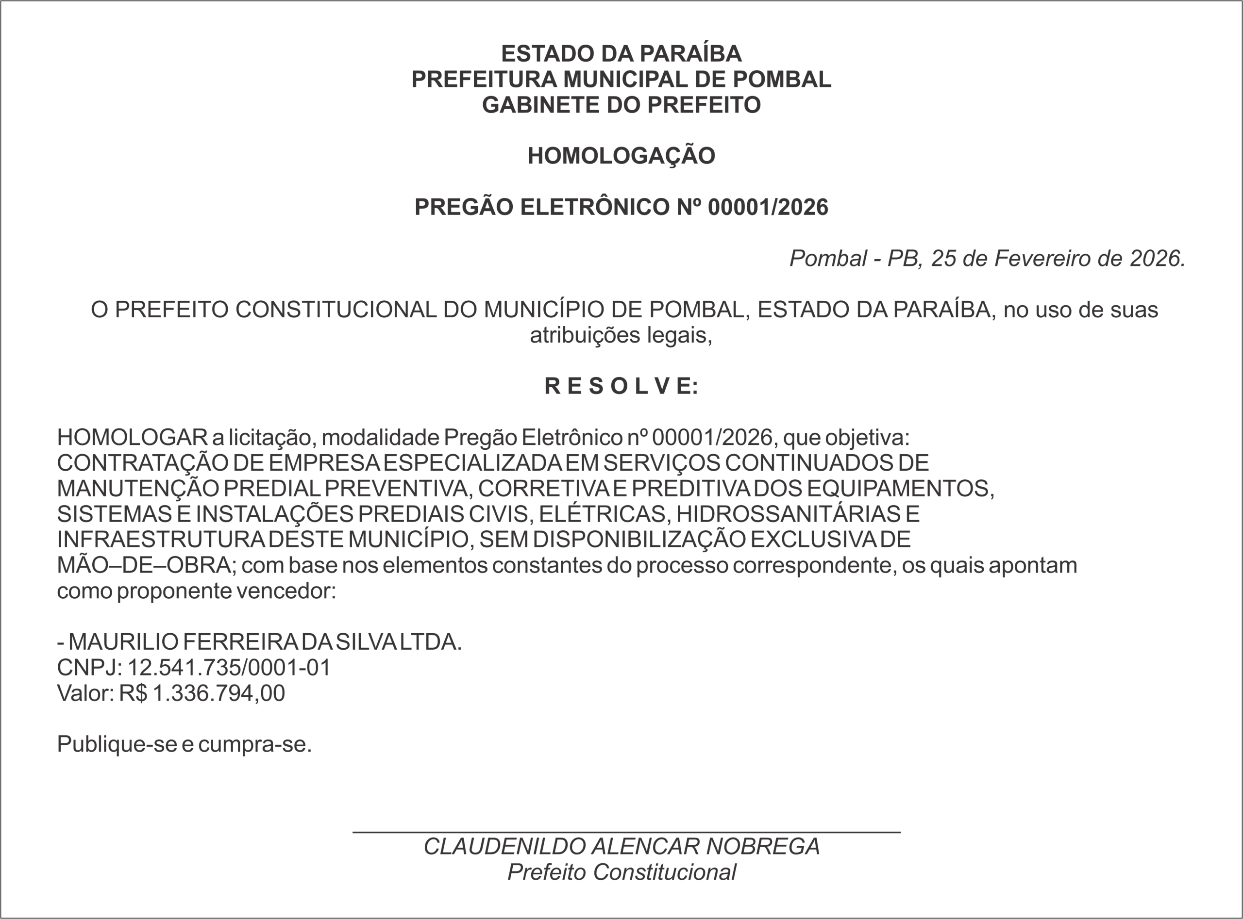 PREFEITURA MUNICIPAL DE POMBAL – HOMOOGAÇÃO – PREGÃO ELETRÔNICO Nº 00001/2026