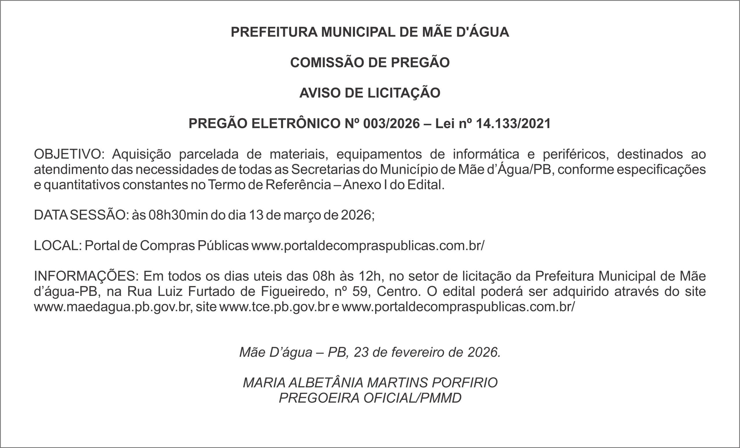 PREFEITURA DE MÃE D’ÁGUA – AVISO DE LICITAÇÃO – PREGÃO ELETRÔNICO Nº 003/2026