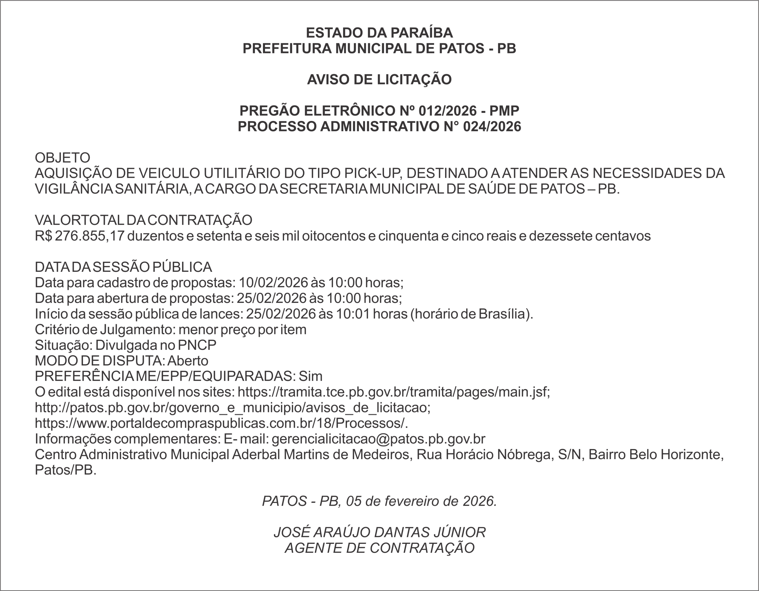 PREFEITURA MUNICIPAL DE PATOS – PB – PREGÃO ELETRÔNICO Nº 012/2026 – PMP