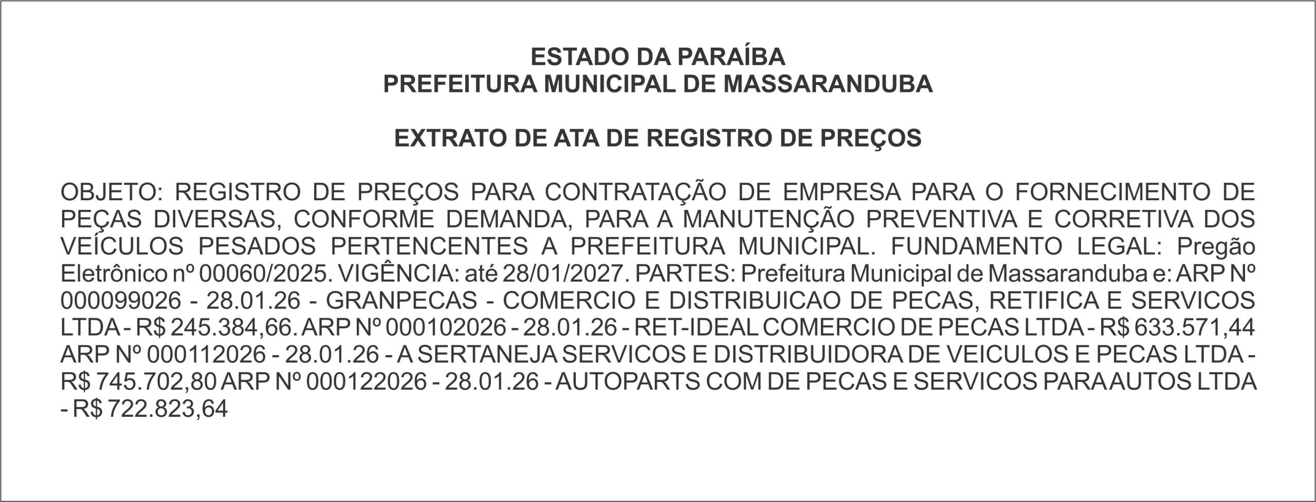 PREFEITURA MUNICIPAL DE MASSARANDUBA – EXTRATO DE ATA DE REGISTRO DE PREÇOS