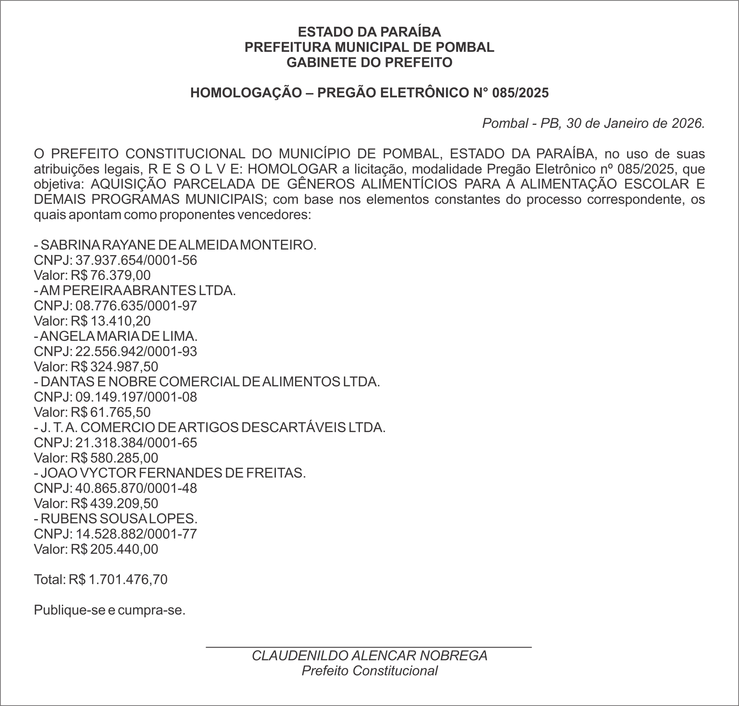 PREFEITURA MUNICIPAL DE POMBAL – TERMO DE HOMOLOGAÇÃO – PREGÃO ELETRÔNICO N° 085/2025