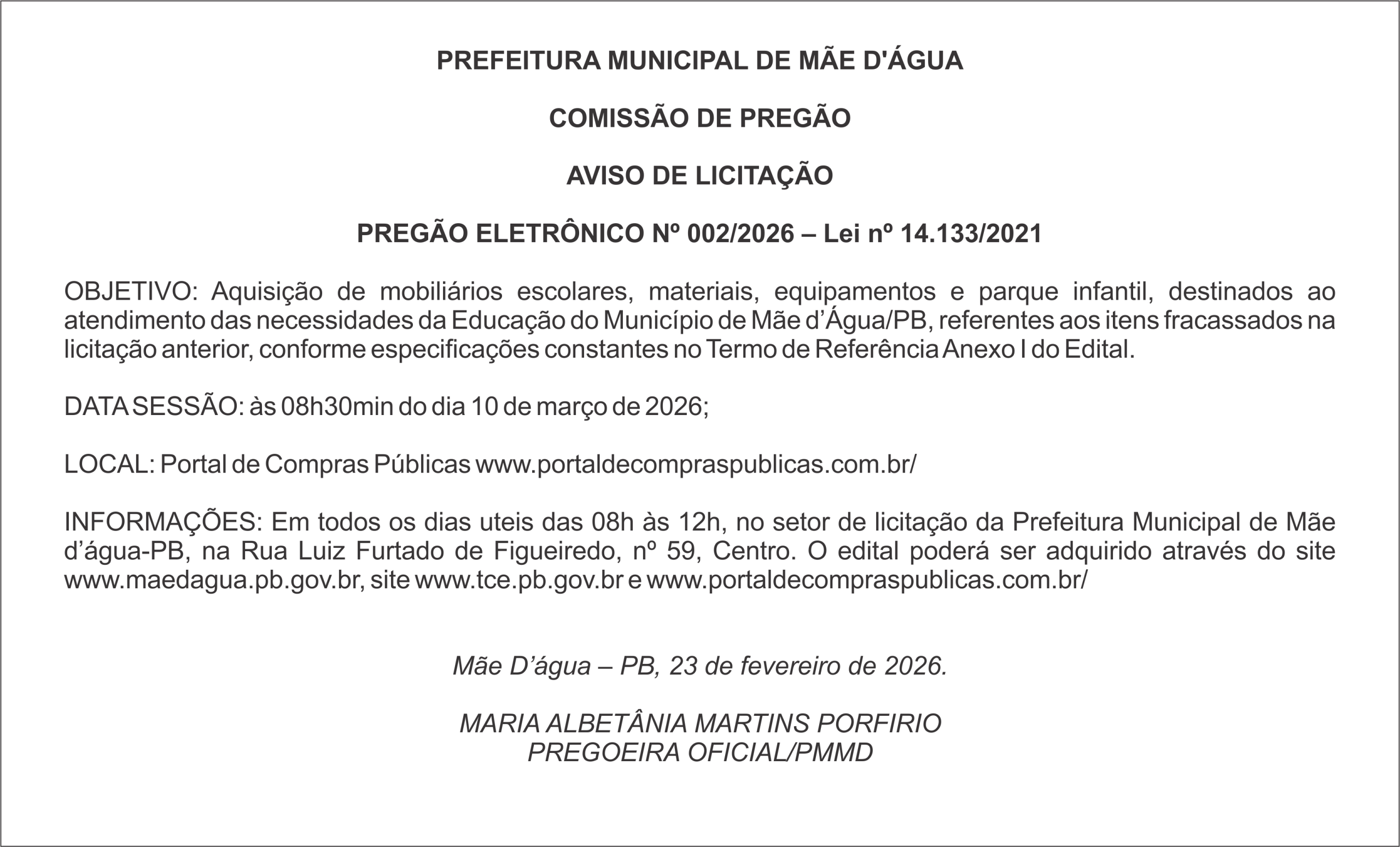PREFEITURA DE MÃE D’ÁGUA  – AVISO DE LICITAÇÃO – PREGÃO ELETRÔNICO Nº 002/2026
