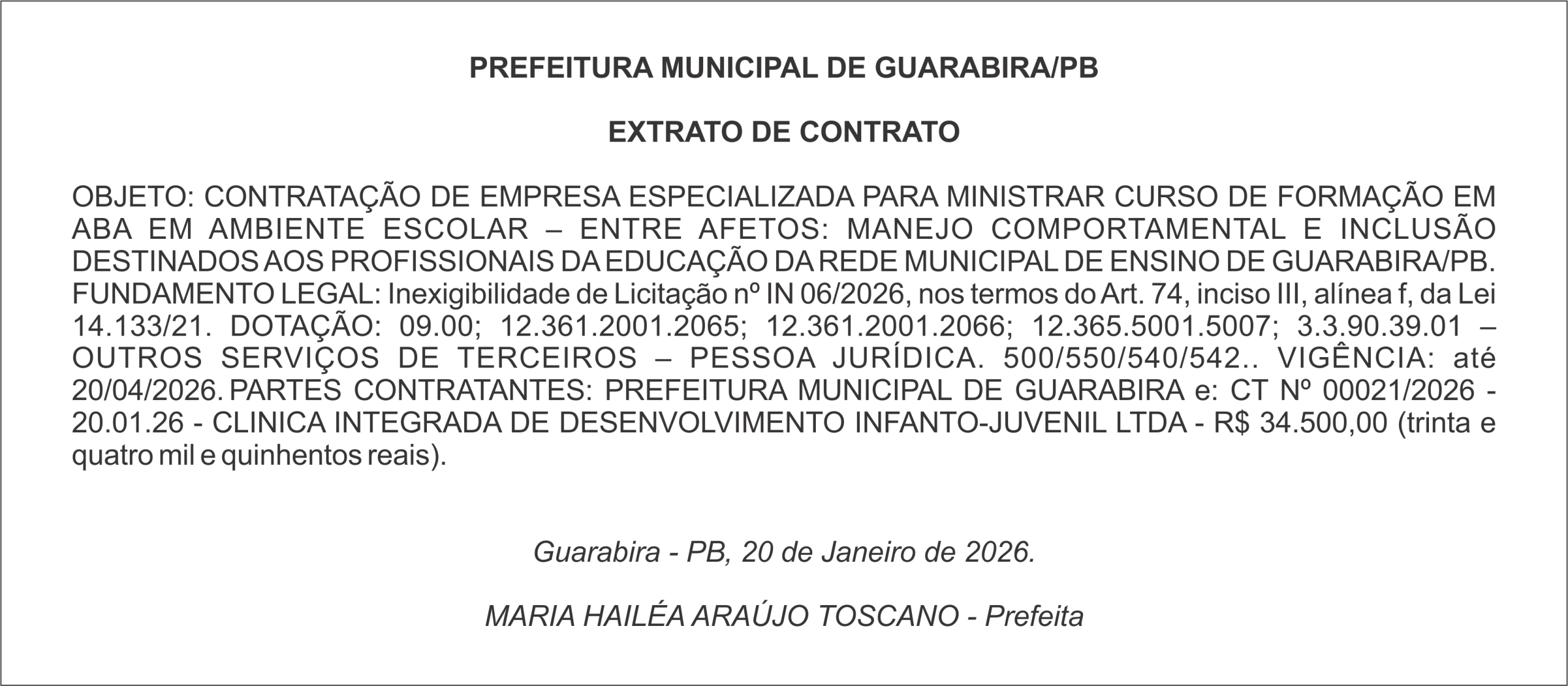 PREFEITURA MUNICIPAL DE GUARABIRA/PB – EXTRATO DE CONTRATO