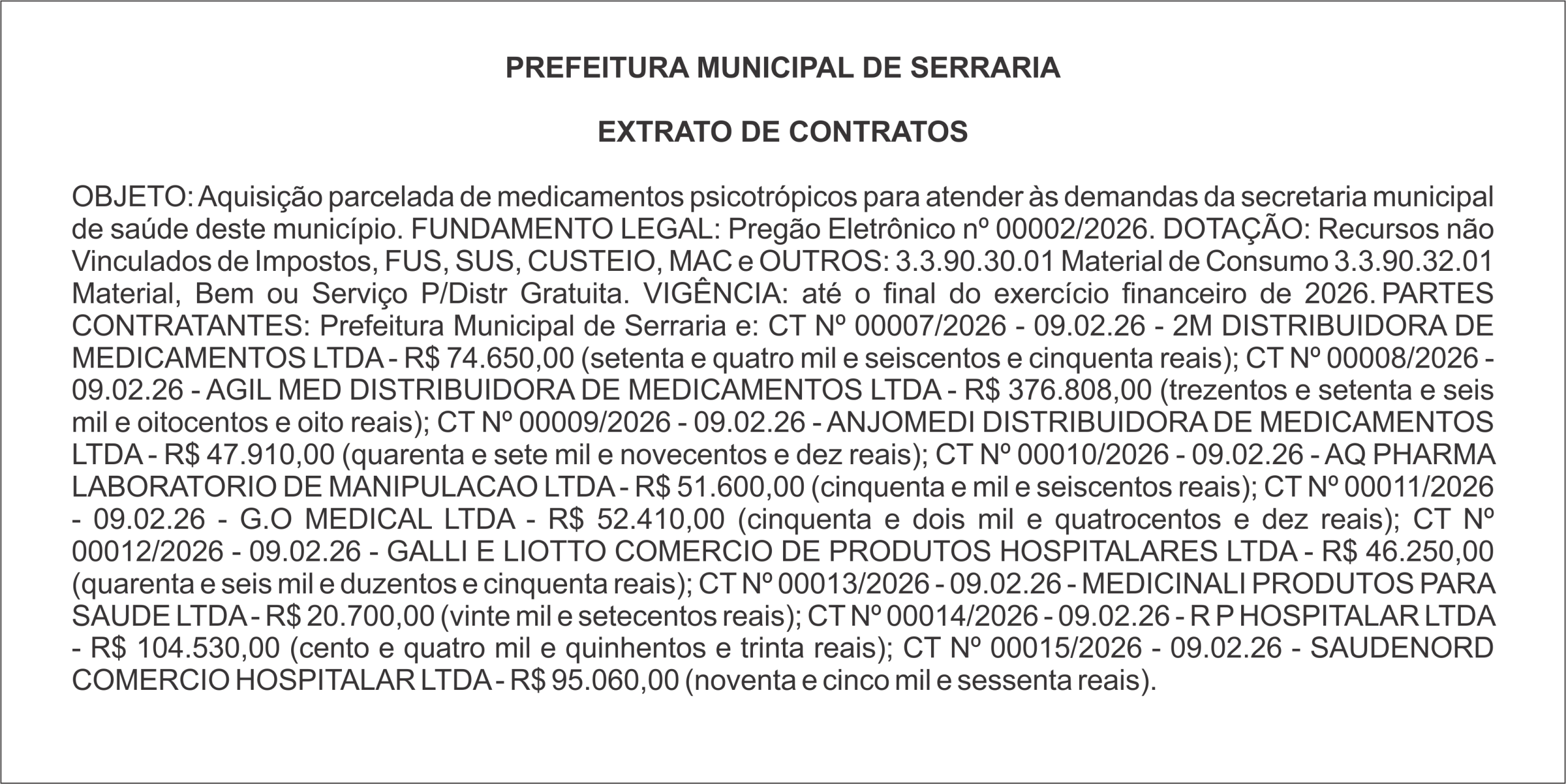 PREFEITURA MUNICIPAL DE SERRARIA – EXTRATO DE CONTRATOS