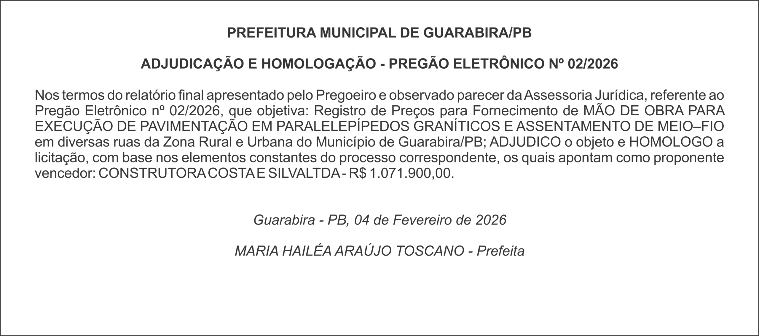PREFEITURA MUNICIPAL DE GUARABIRA/PB – ADJUDICAÇÃO E HOMOLOGAÇÃO – PREGÃO ELETRÔNICO Nº 02/2026