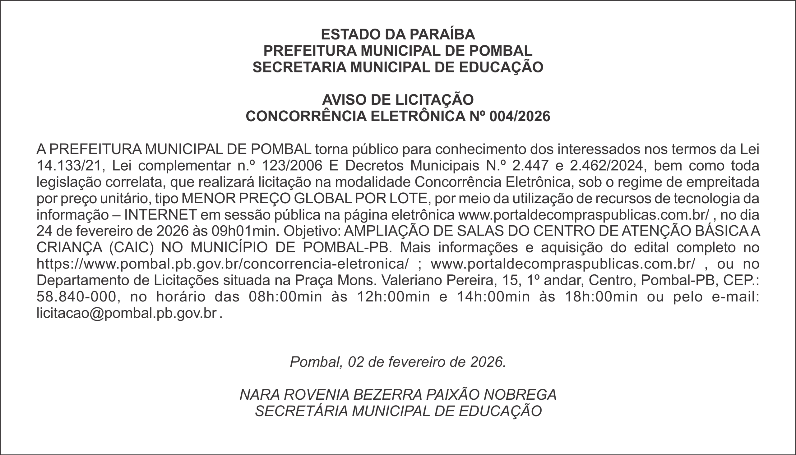 PREFEITURA MUNICIPAL DE POMBAL – AVISO DE LICITAÇÃO CONCORRÊNCIA ELETRÔNICA Nº 004/2026