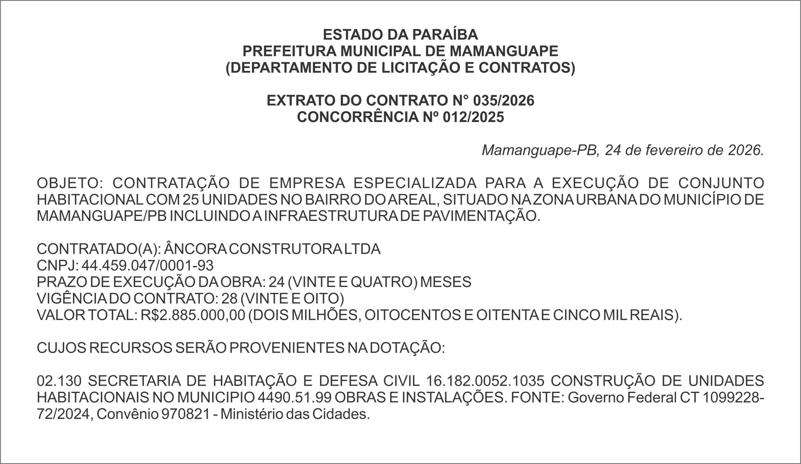 PREFEITURA MUNICIPAL DE MAMANGUAPE – EXTRATO DO CONTRATO N° 035/2026 CONCORRÊNCIA Nº 012/2025