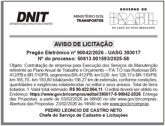 DNIT – PB – JOÃO PESSOA – Aviso de Licitação – Pregão Eletrônico No 90042/2026