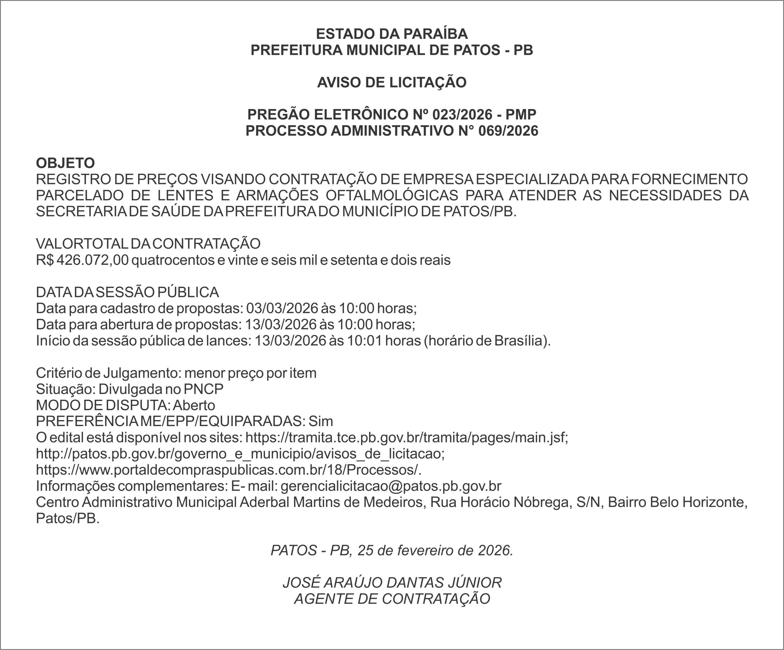 PREFEITURA MUNICIPAL DE PATOS – PB – PREGÃO ELETRÔNICO Nº 023/2026 – PMP