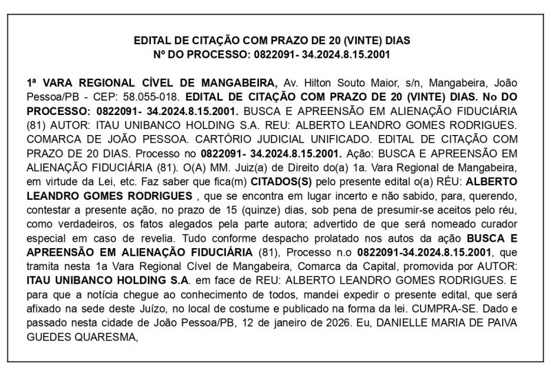 EDITAL DE CITAÇÃO COM PRAZO DE 20 (VINTE) DIAS – Nº DO PROCESSO: 0822091- 34.2024.8.15.2001