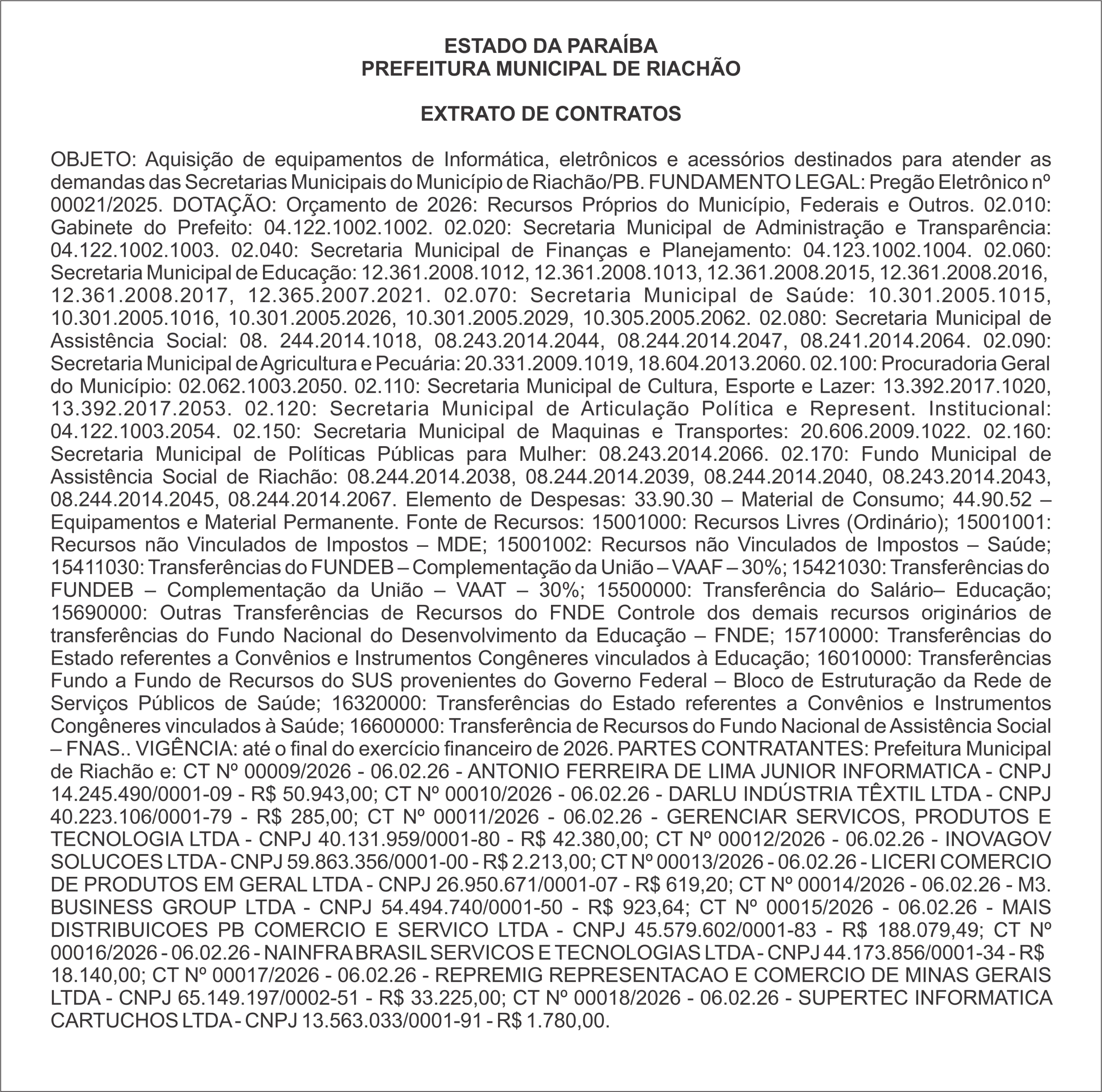 PREFEITURA MUNICIPAL DE RIACHÃO – EXTRATO DE CONTRATO