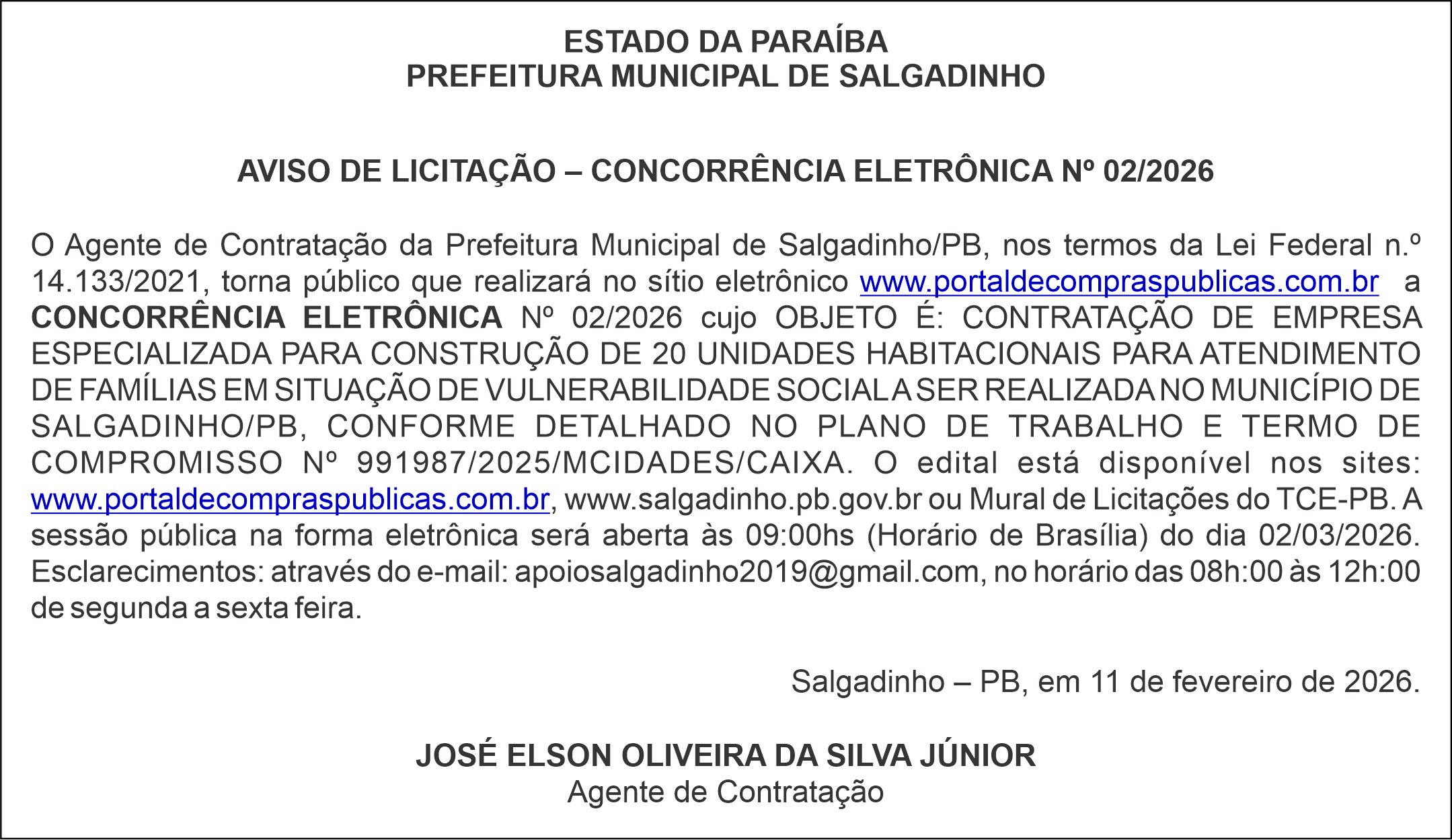 PREFEITURA MUNICIPAL DE SALGADINHO – AVISO DE LICITAÇÃO – CONCORRÊNCIA ELETRÔNICA Nº 02/2026
