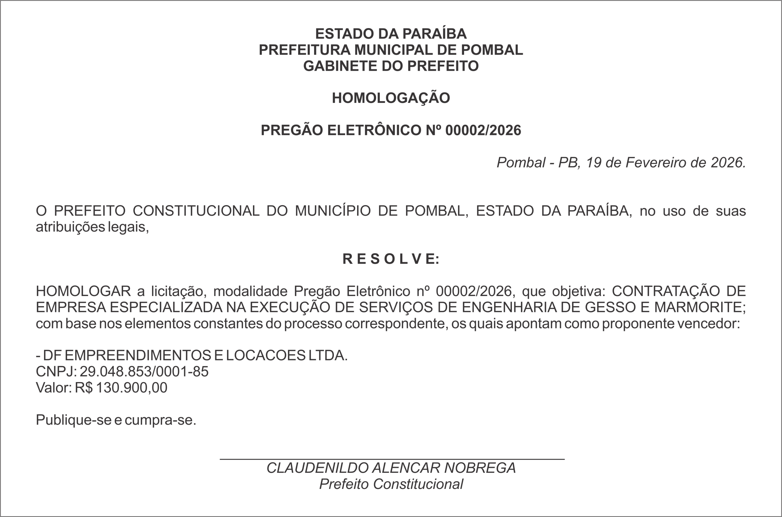 PREFEITURA MUNICIPAL DE POMBAL –  HOMOLOGAÇÃO  PREGÃO ELETRÔNICO Nº 00002/2026