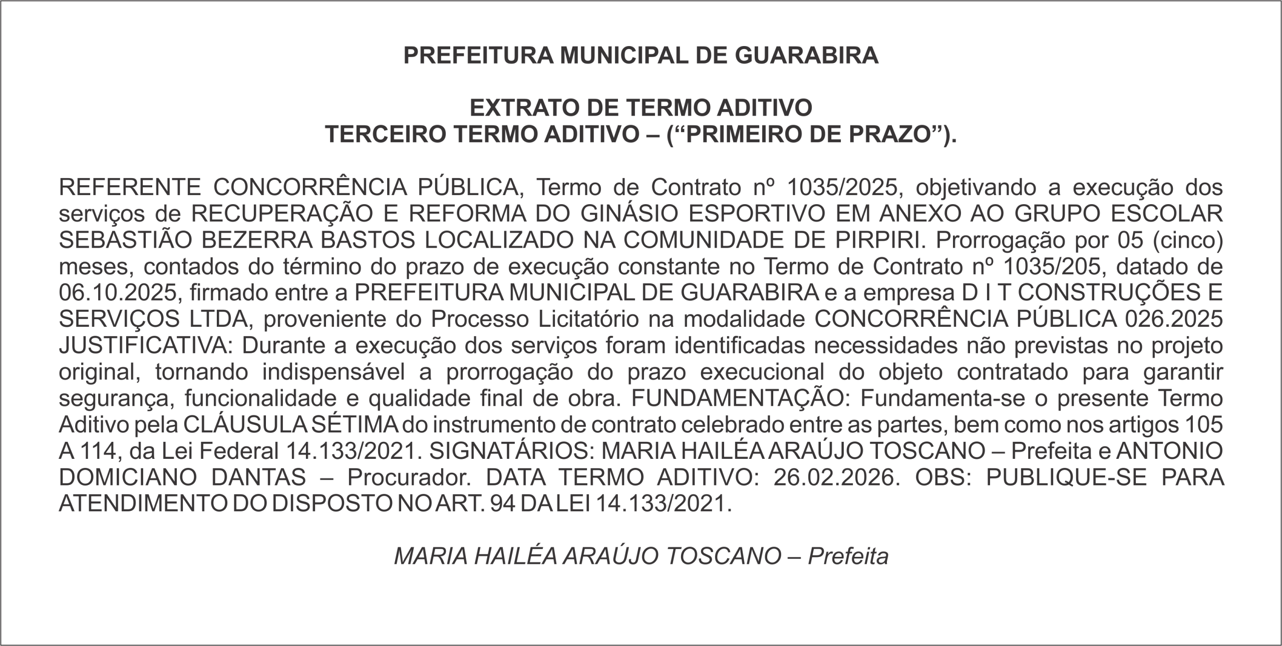 PREFEITURA MUNICIPAL DE GUARABIRA – EXTRATO DE TERMO ADITIVO