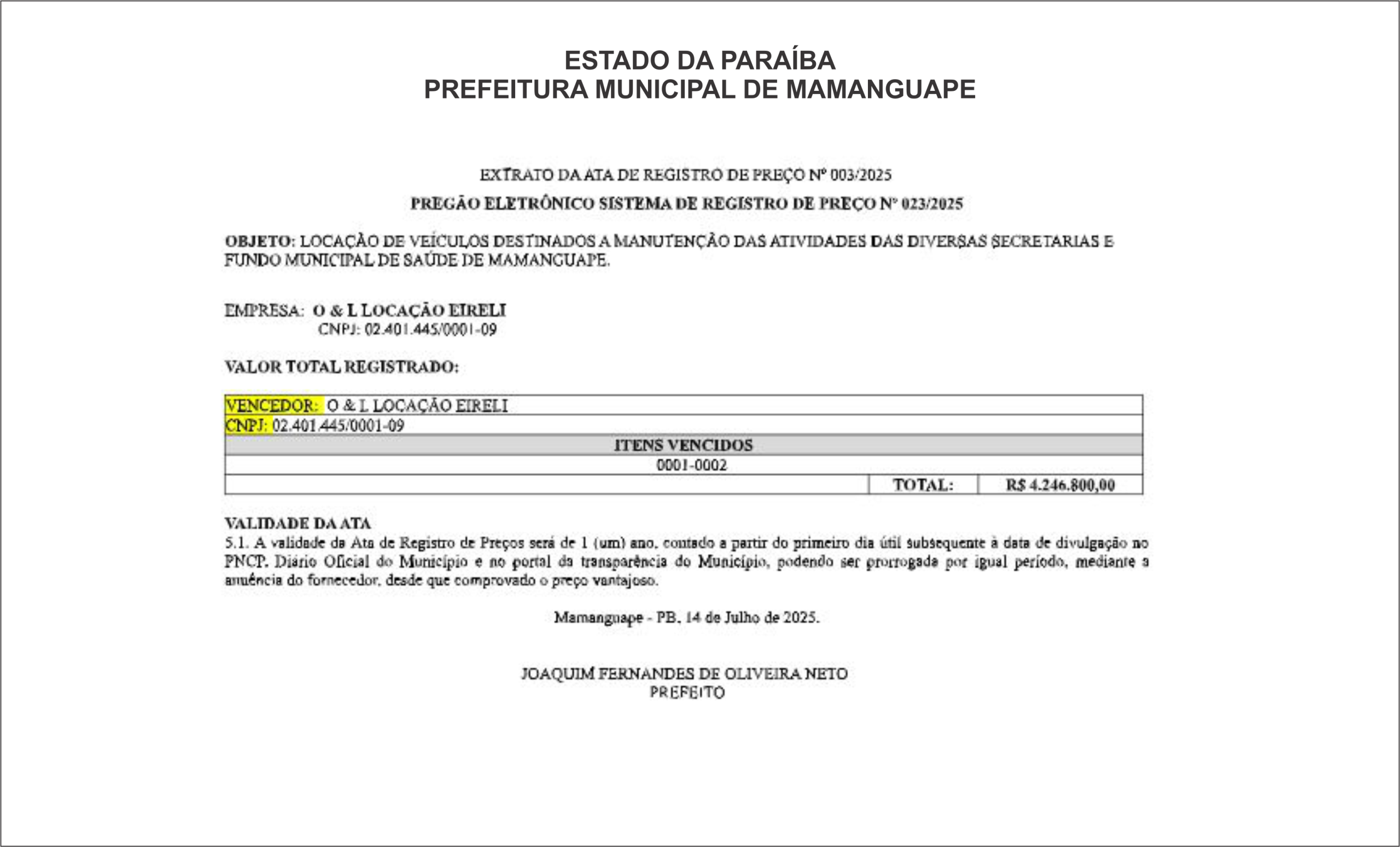 PREFEITURA DE MAMANGUAPE – EXTRATO DA ATA DE REGISTRO DE PREÇO Nº 003/2025