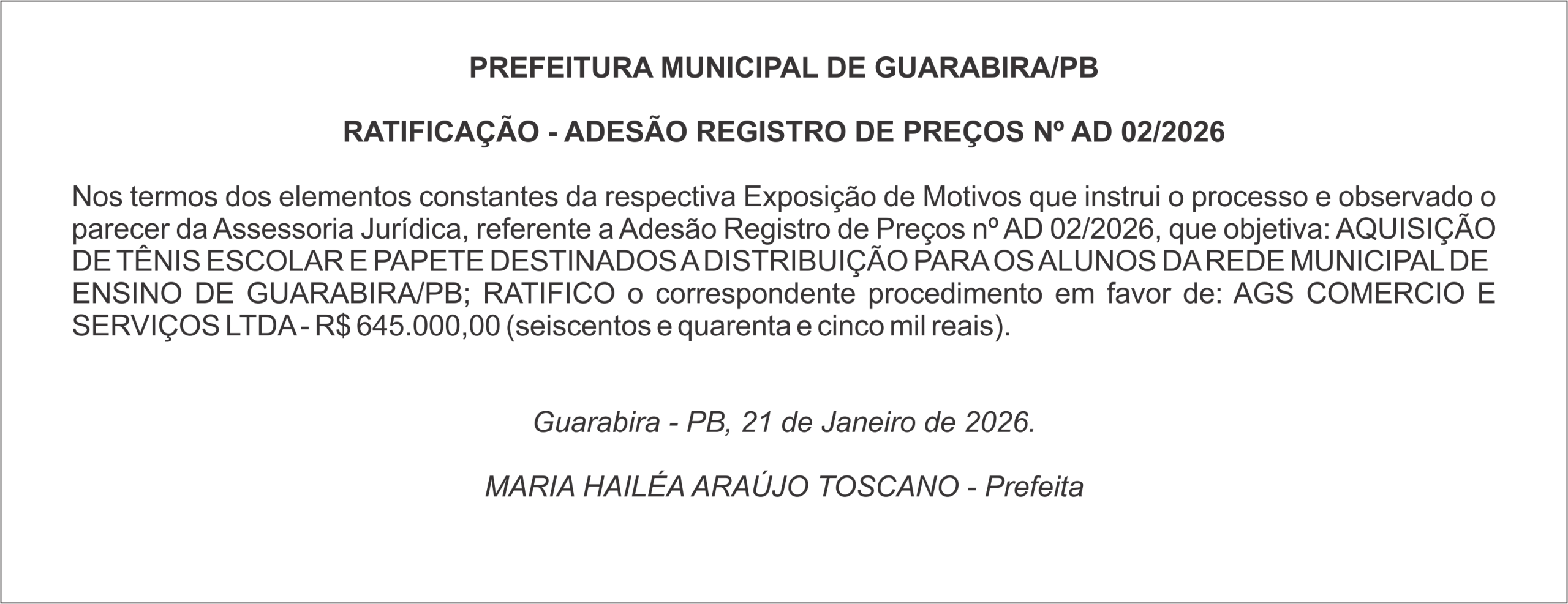PREFEITURA MUNICIPAL DE GUARABIRA/PB RATIFICAÇÃO – ADESÃO REGISTRO DE PREÇOS Nº AD 02/2026