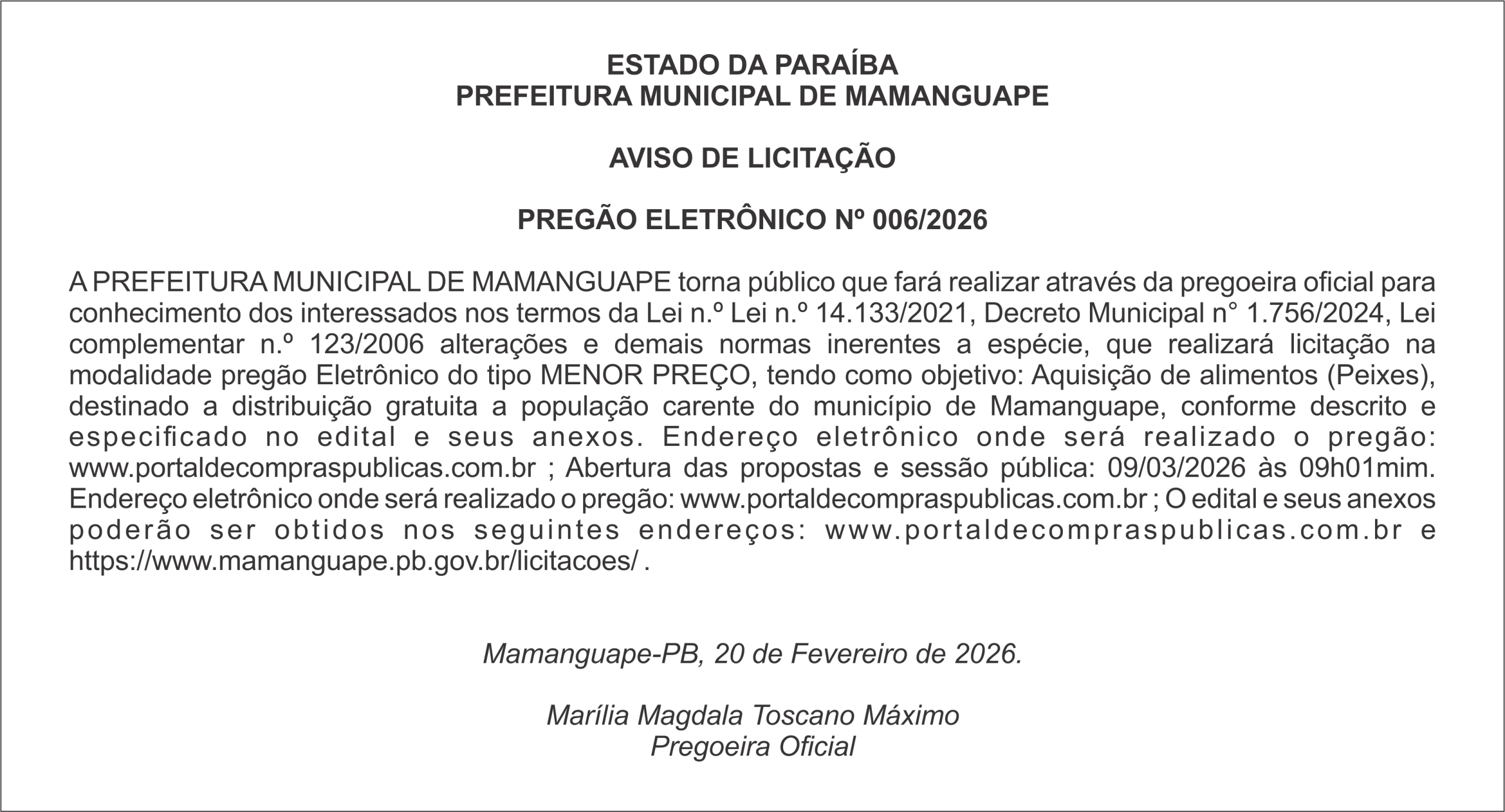 PREFEITURA MUNICIPAL DE MAMANGUAPE – AVISO DE LICITAÇÃO  PREGÃO ELETRÔNICO Nº 006/2026
