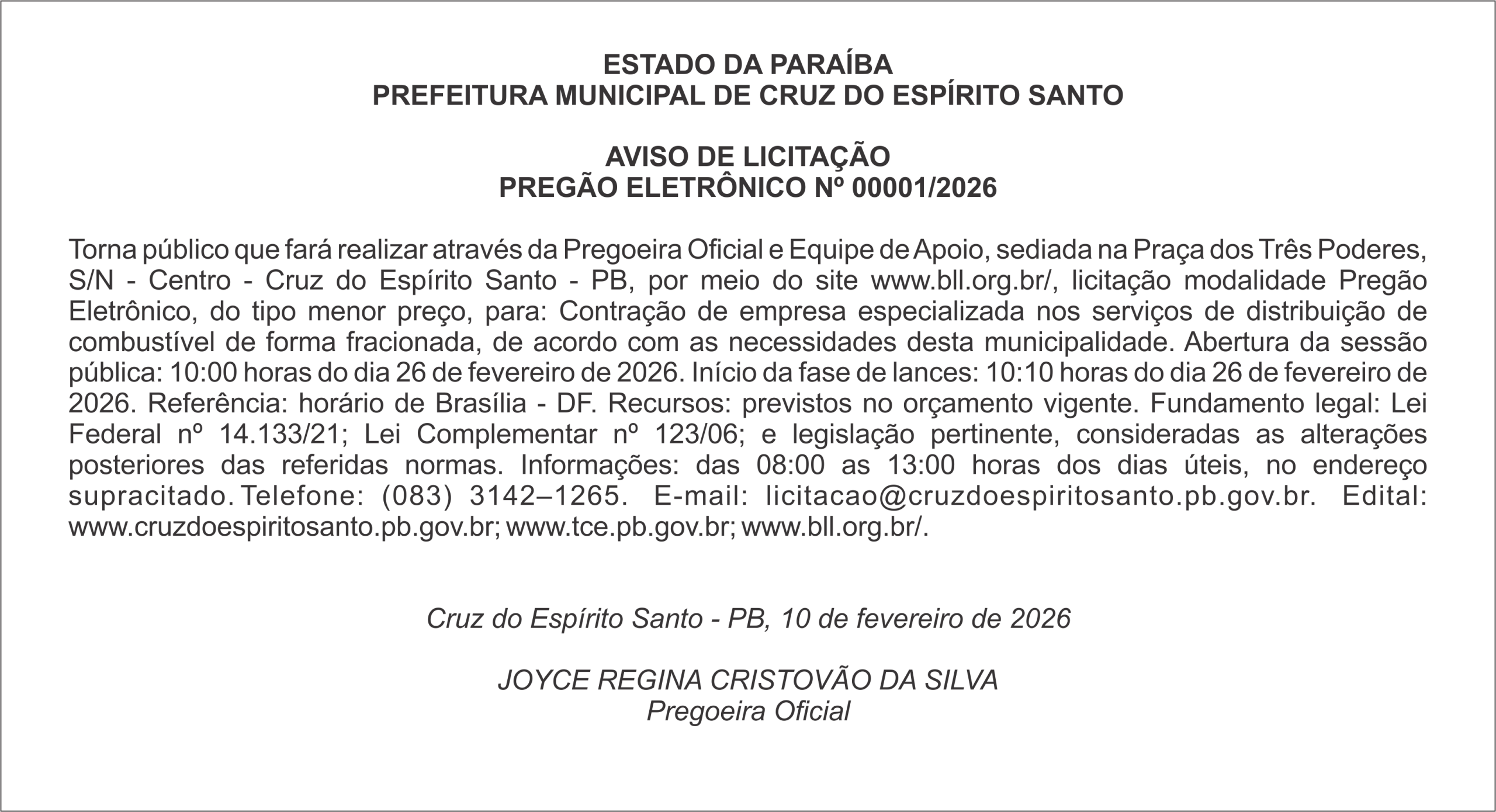 PREFEITURA MUNICIPAL DE CRUZ DO ESPÍRITO SANTO – AVISO DE LICITAÇÃO – PREGÃO ELETRÔNICO Nº 00001/2026