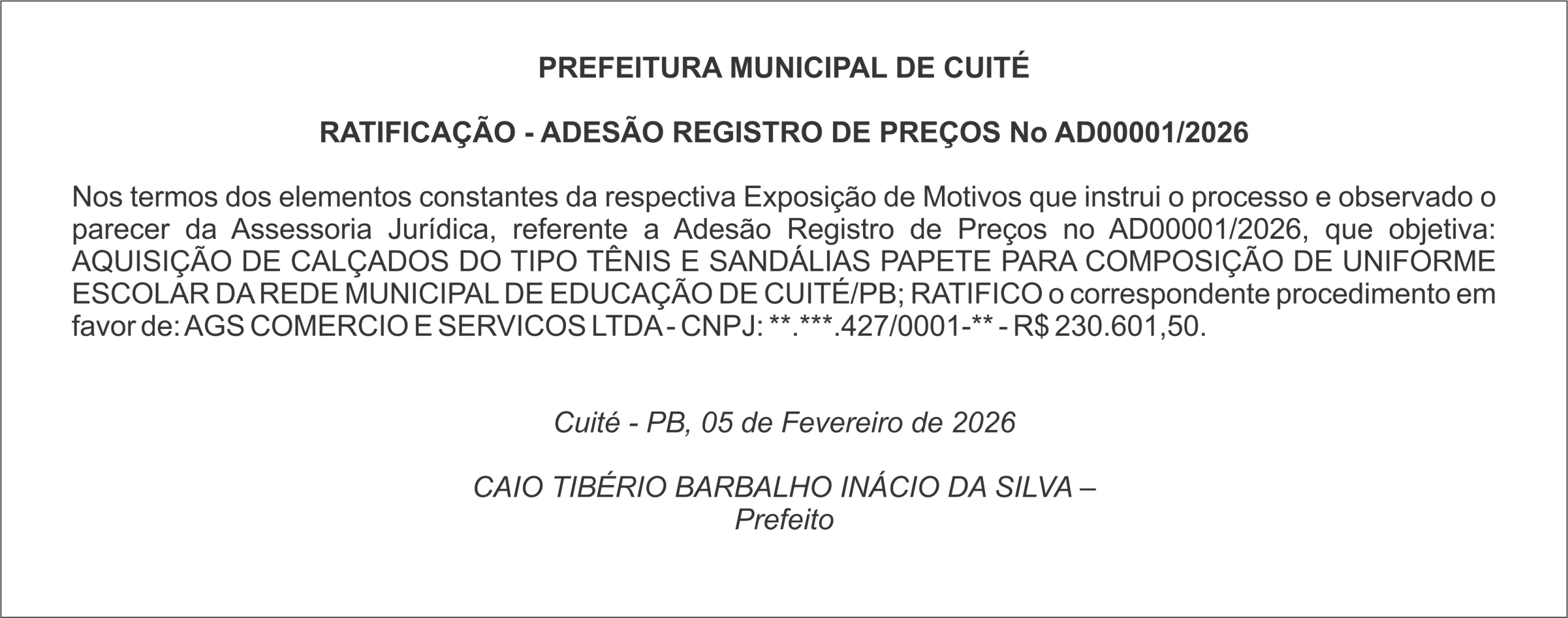 PREFEITURA MUNICIPAL DE CUITÉ – RATIFICAÇÃO – ADESÃO REGISTRO DE PREÇOS No AD00001/2026