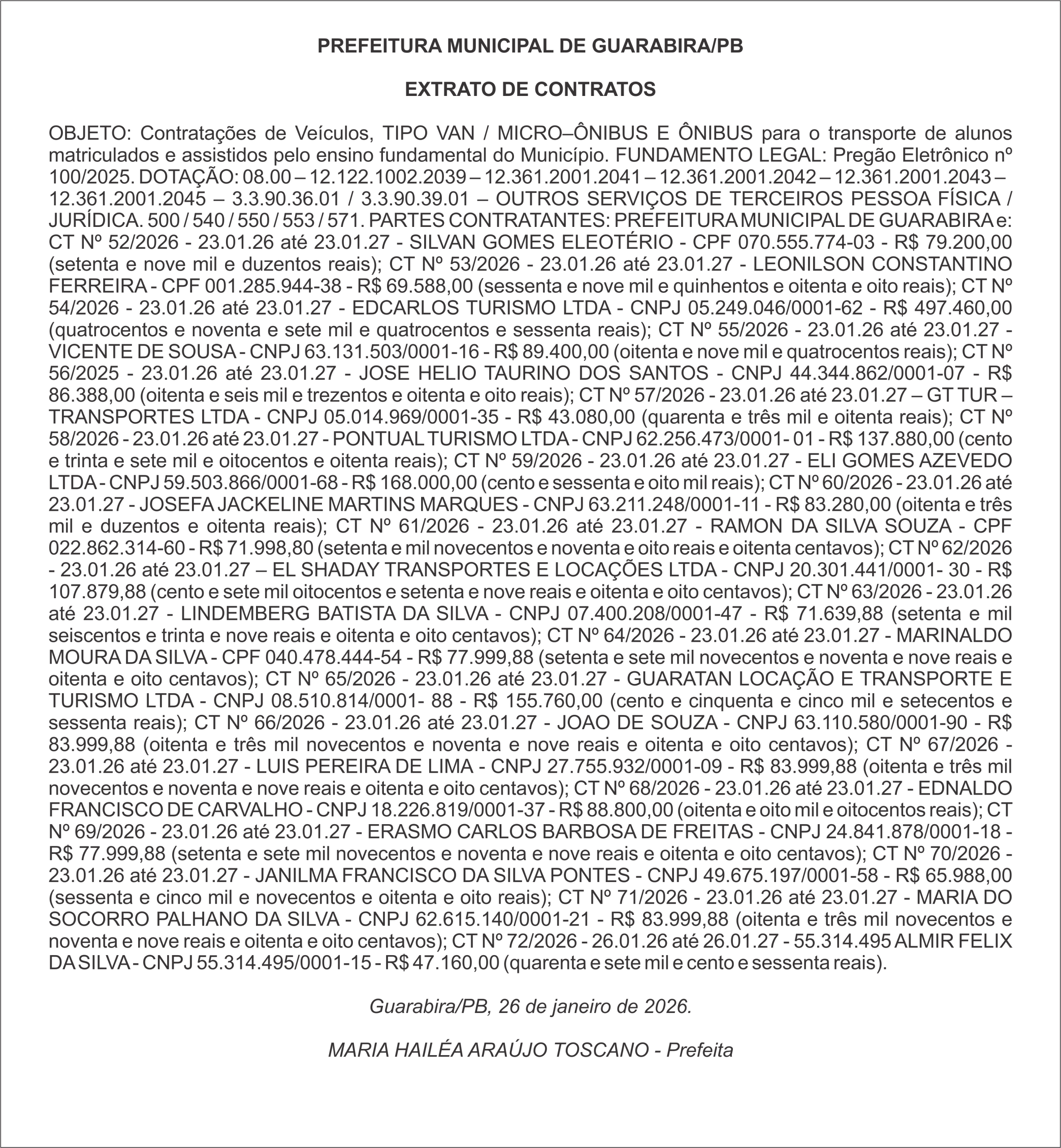 PREFEITURA MUNICIPAL DE GUARABIRA/PB – EXTRATO DE CONTRATOS
