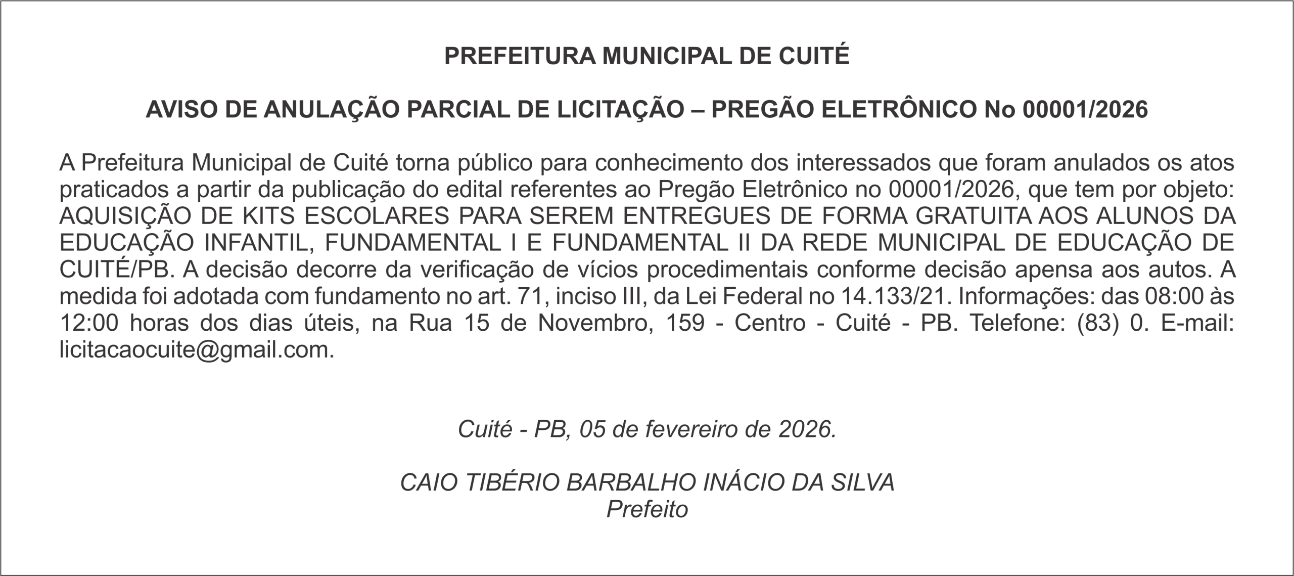 PREFEITURA MUNICIPAL DE CUITÉ – AVISO DE ANULAÇÃO PARCIAL DE LICITAÇÃO – PREGÃO ELETRÔNICO No 00001/2026