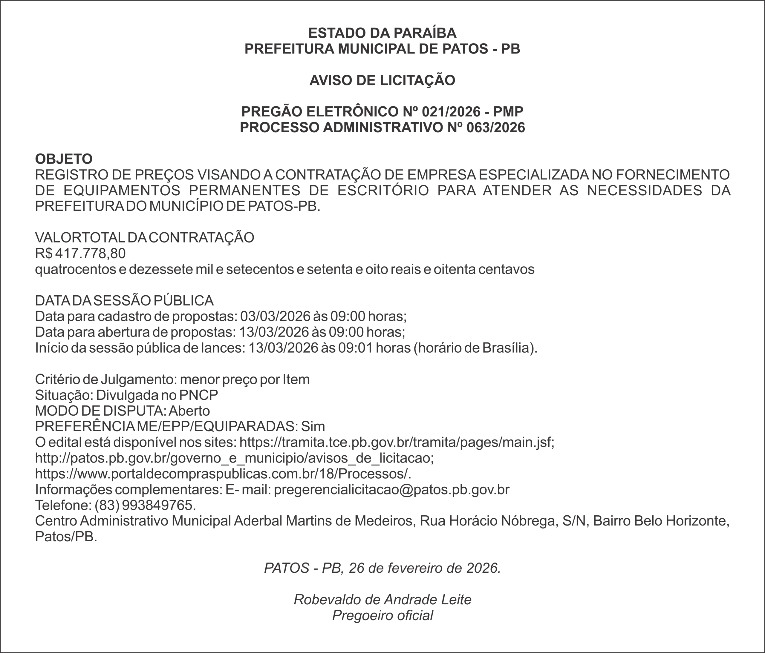 PREFEITURA MUNICIPAL DE PATOS – PB – PREGÃO ELETRÔNICO Nº 021/2026 – PMP