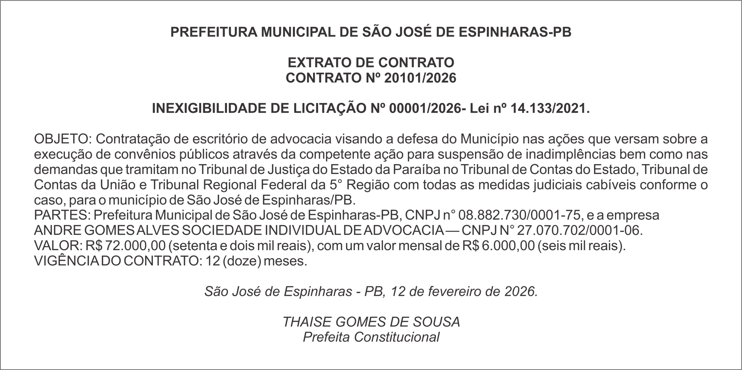 PREFEITURA MUNICIPAL DE SÃO JOSÉ DE ESPINHARAS-PB – EXTRATO DO CONTRATO