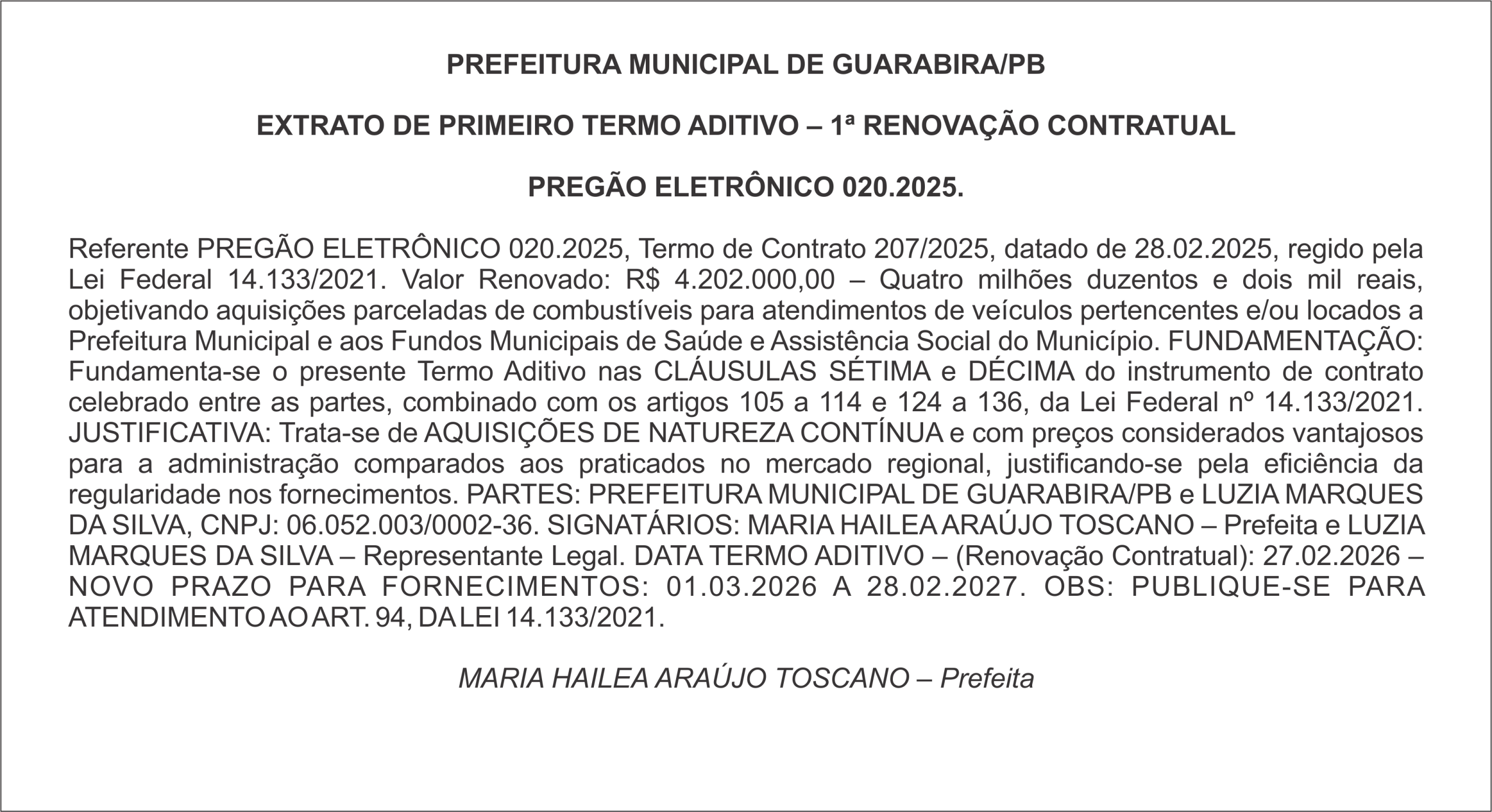 PREFEITURA MUNICIPAL DE GUARABIRA/PB – EXTRATO DE PRIMEIRO TERMO ADITIVO