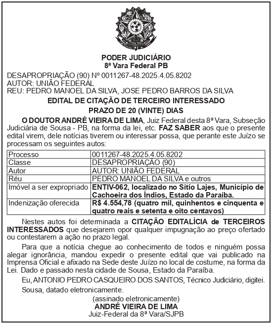 SECRETARIA NACIONAL DE SEGURANÇA HIDRICA – SNSH – MDR – DF – BRASÍLIA -Edital de Citação de Terceiro Interessado – ENTIV-062 (PEDRO MANOEL DA SILVA)