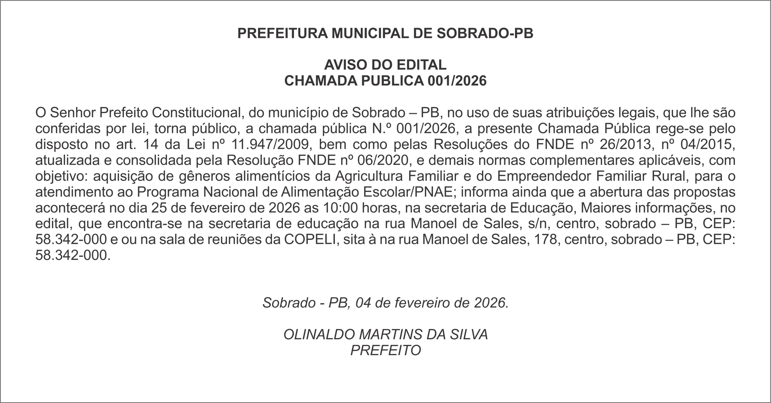 PREFEITURA MUNICIPAL DE SOBRADO-PB – AVISO DO EDITAL – CHAMADA PUBLICA 001/2026