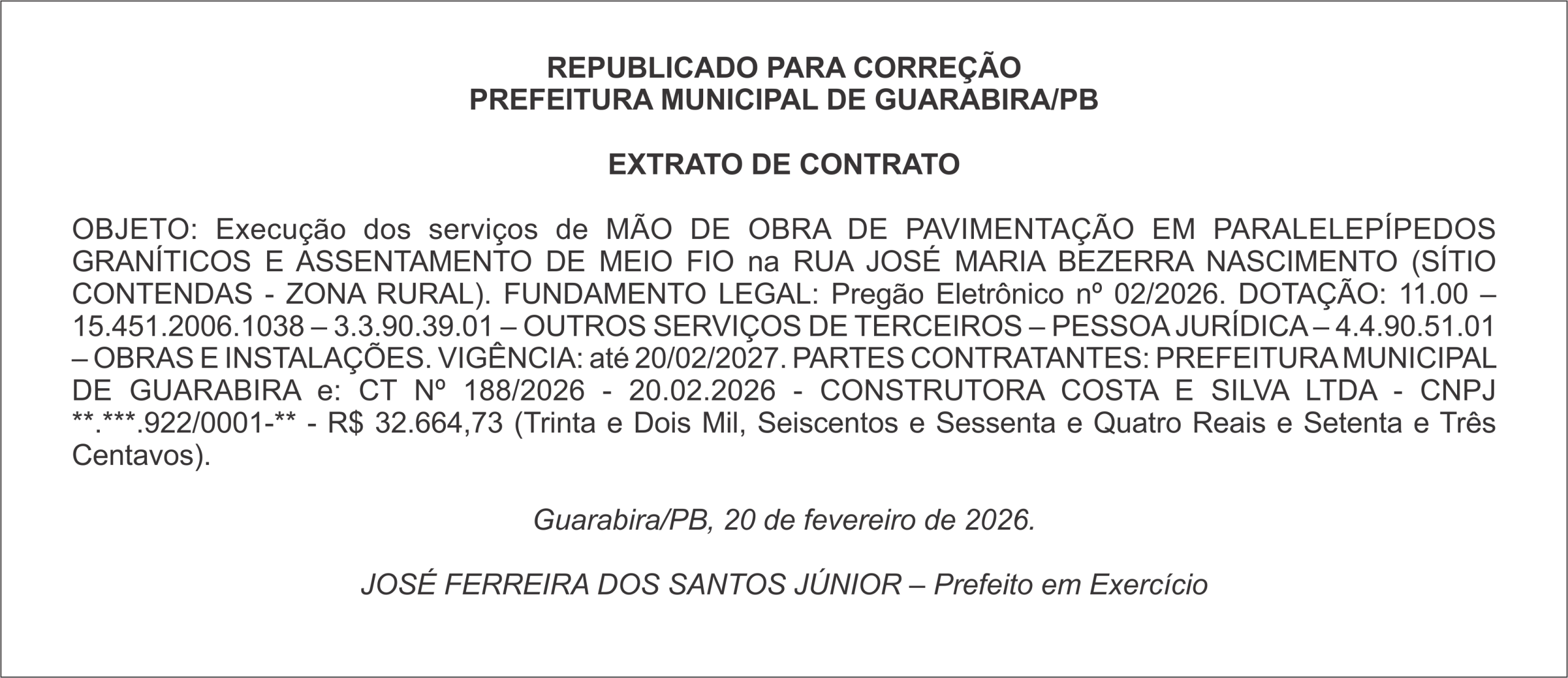 PREFEITURA MUNICIPAL DE GUARABIRA/PB  – REPUBLICADO PARA CORREÇÃO  -EXTRATO DE CONTRATO