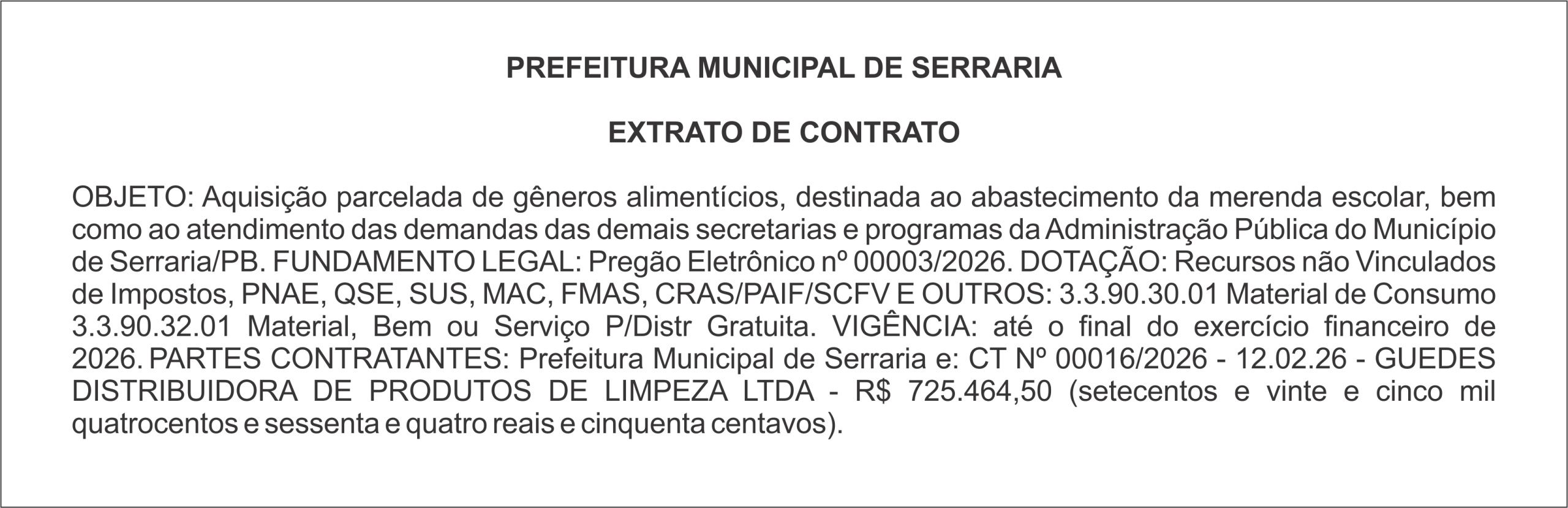 PREFEITURA MUNICIPAL DE SERRARIA – EXTRATO DE CONTRATO