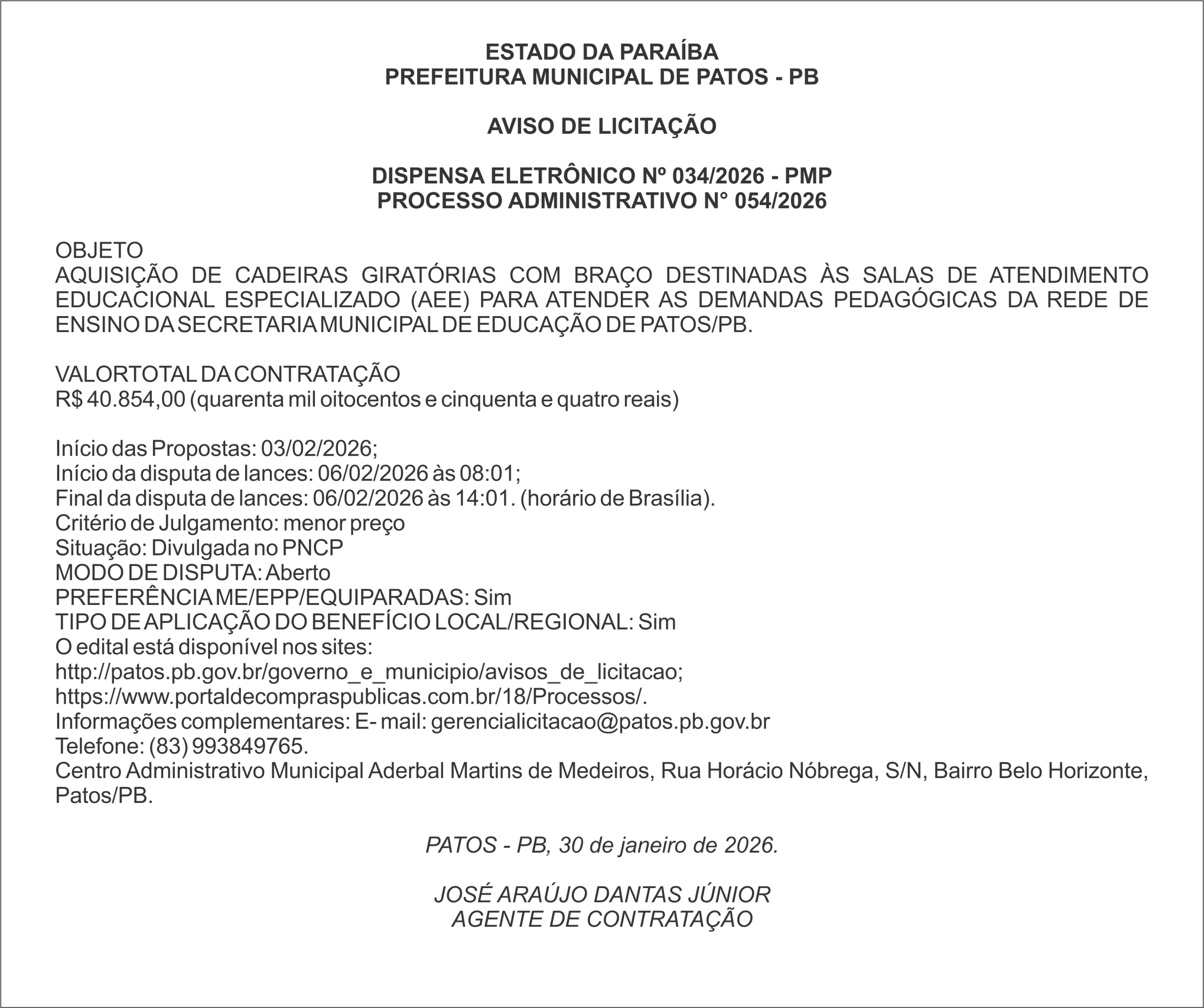 PREFEITURA MUNICIPAL DE PATOS – PB DISPENSA ELETRÔNICO Nº 034/2026 – PMP