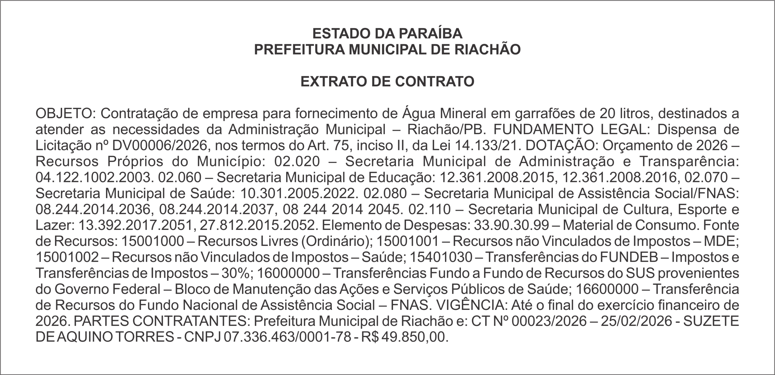 PREFEITURA MUNICIPAL DE RIACHÃO – EXTRATO DE CONTRATO
