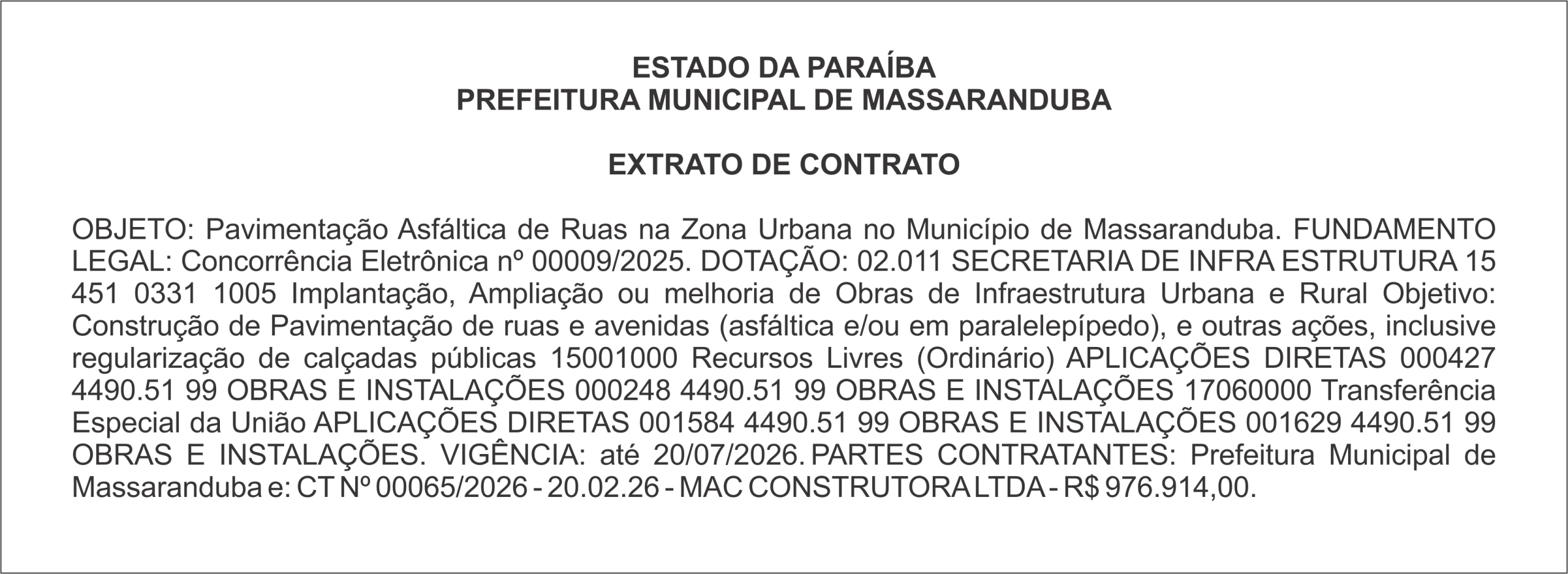 PREFEITURA MUNICIPAL DE MASSARANDUBA – EXTRATO DE CONTRATO