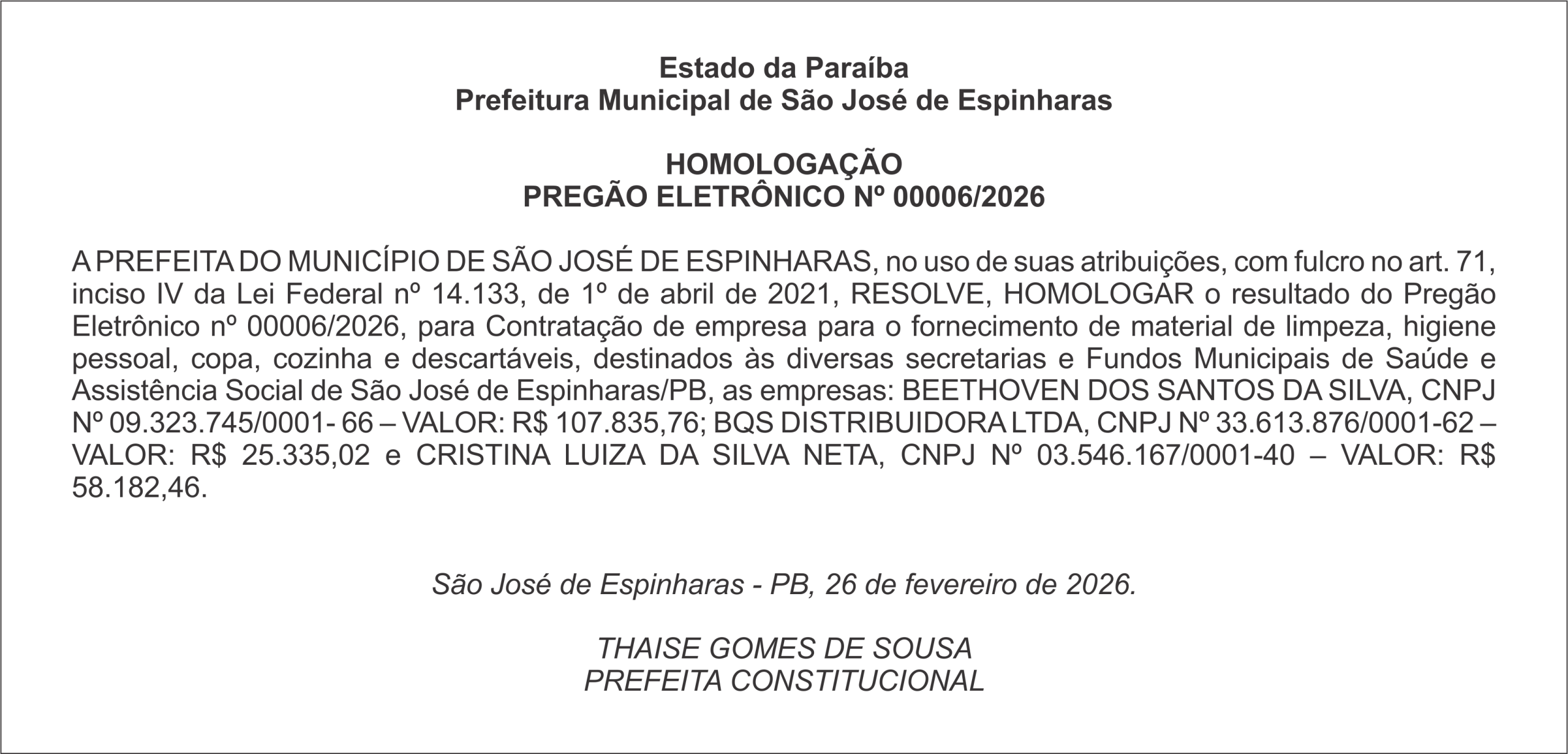 PREFEITURA DE SÃO JOSÉ DE ESPINHARAS – HOMOLOGAÇÃO