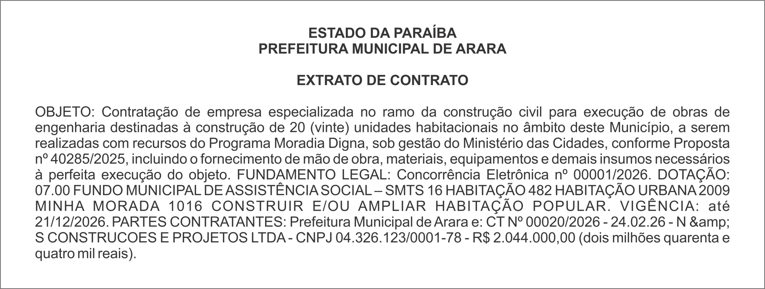 PREFEITURA MUNICIPAL DE ARARA – EXTRATO DE CONTRATO