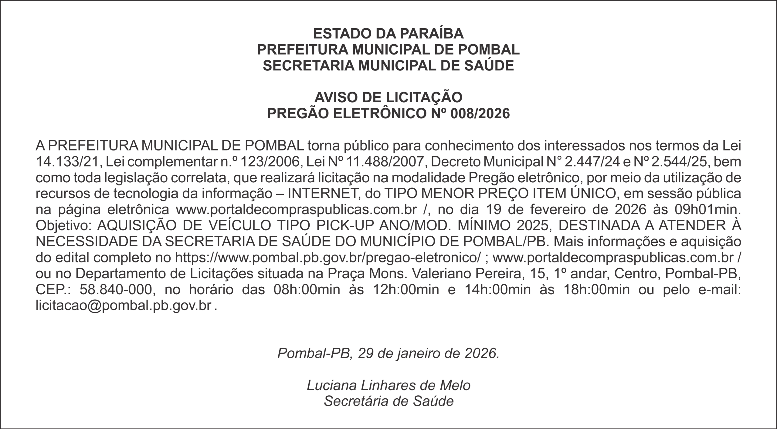 PREFEITURA MUNICIPAL DE POMBAL – AVISO DE LICITAÇÃO – PREGÃO ELETRÔNICO Nº 008/2026