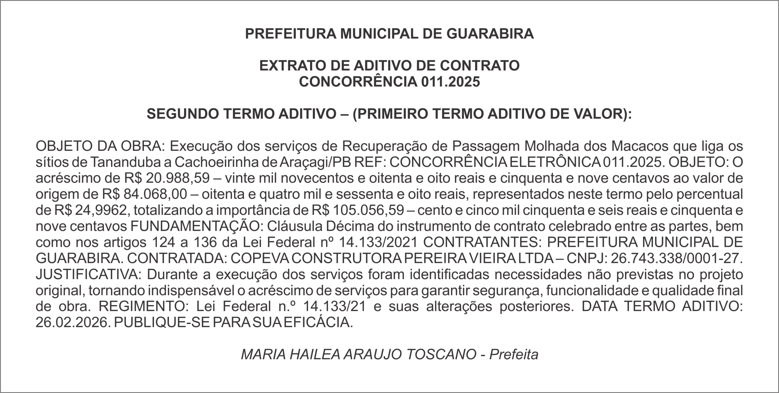 PREFEITURA MUNICIPAL DE GUARABIRA – EXTRATO DE ADITIVO DE CONTRATO