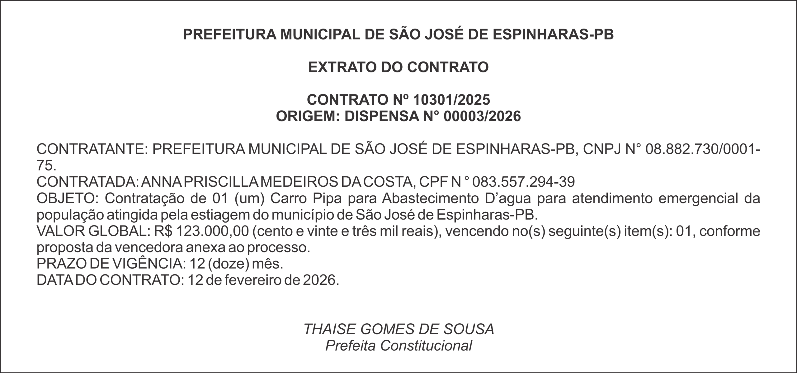 PREFEITURA MUNICIPAL DE SÃO JOSÉ DE ESPINHARAS-PB – EXTRATO DO CONTRATO