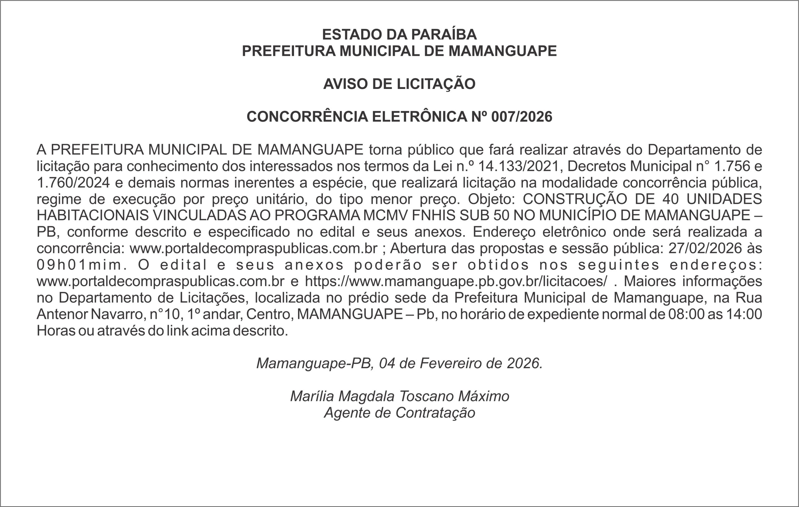 PREFEITURA MUNICIPAL DE MAMANGUAPE – AVISO DE LICITAÇÃO – CONCORRÊNCIA ELETRÔNICA Nº 007/2026