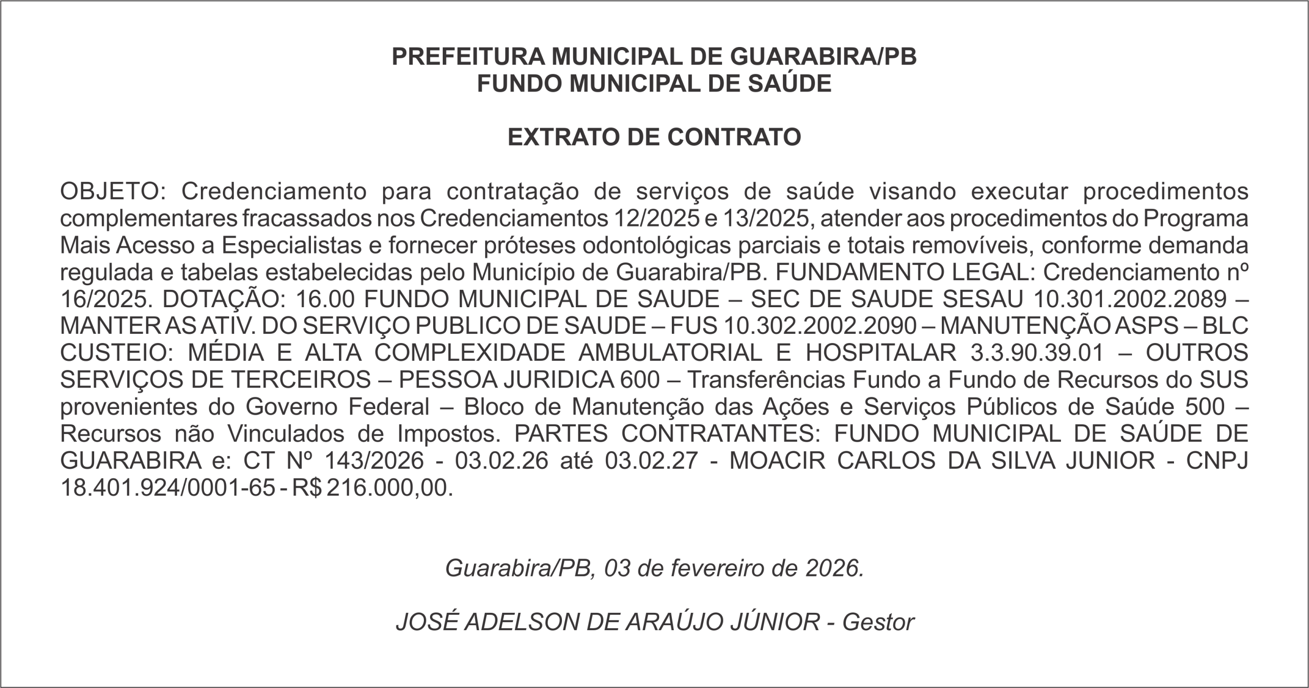 PREFEITURA MUNICIPAL DE GUARABIRA/PB FUNDO MUNICIPAL DE SAÚDE  – EXTRATO DE CONTRATO