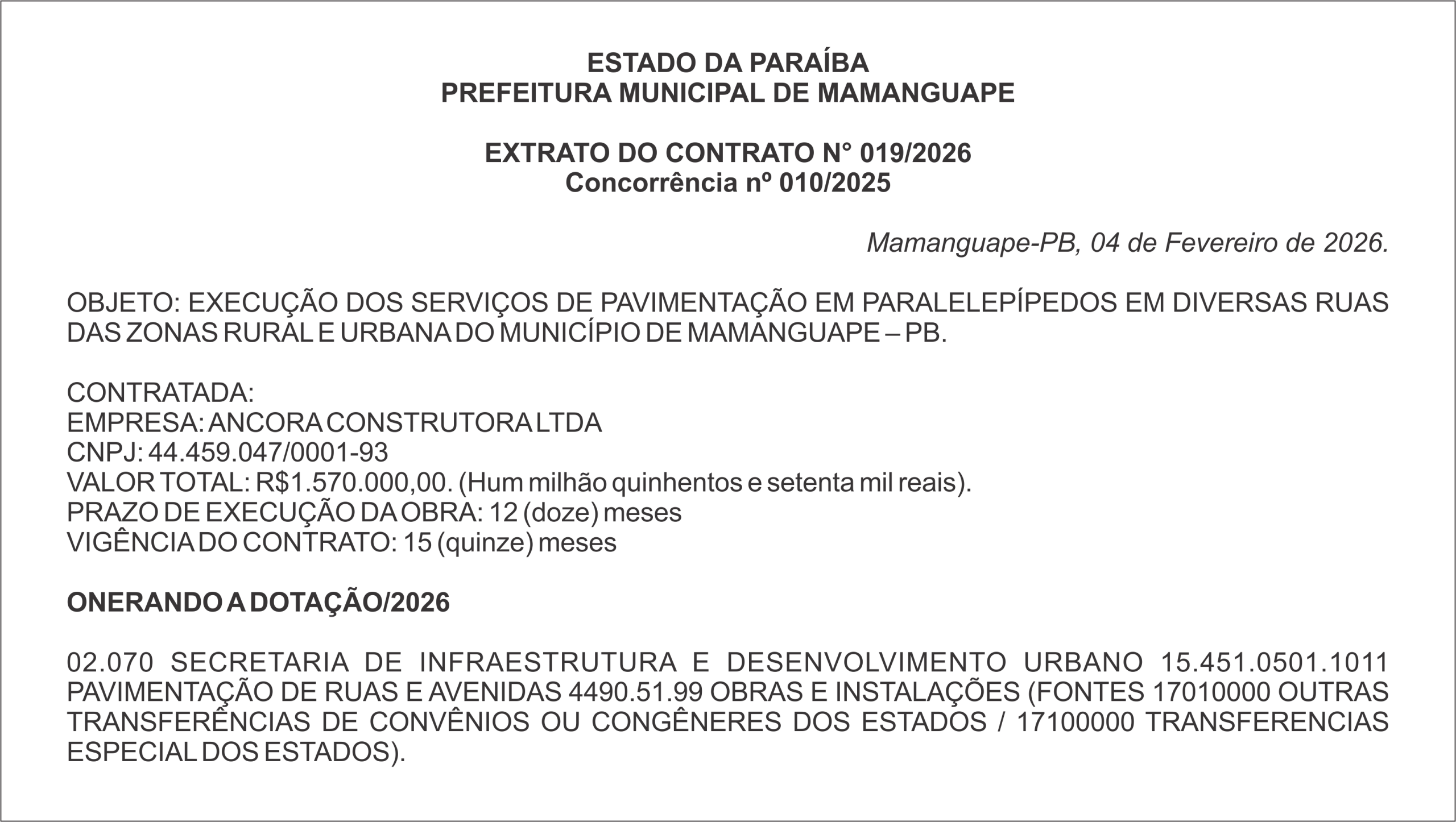 PREFEITURA MUNICIPAL DE MAMANGUAPE – EXTRATO DO CONTRATO N° 019/2026