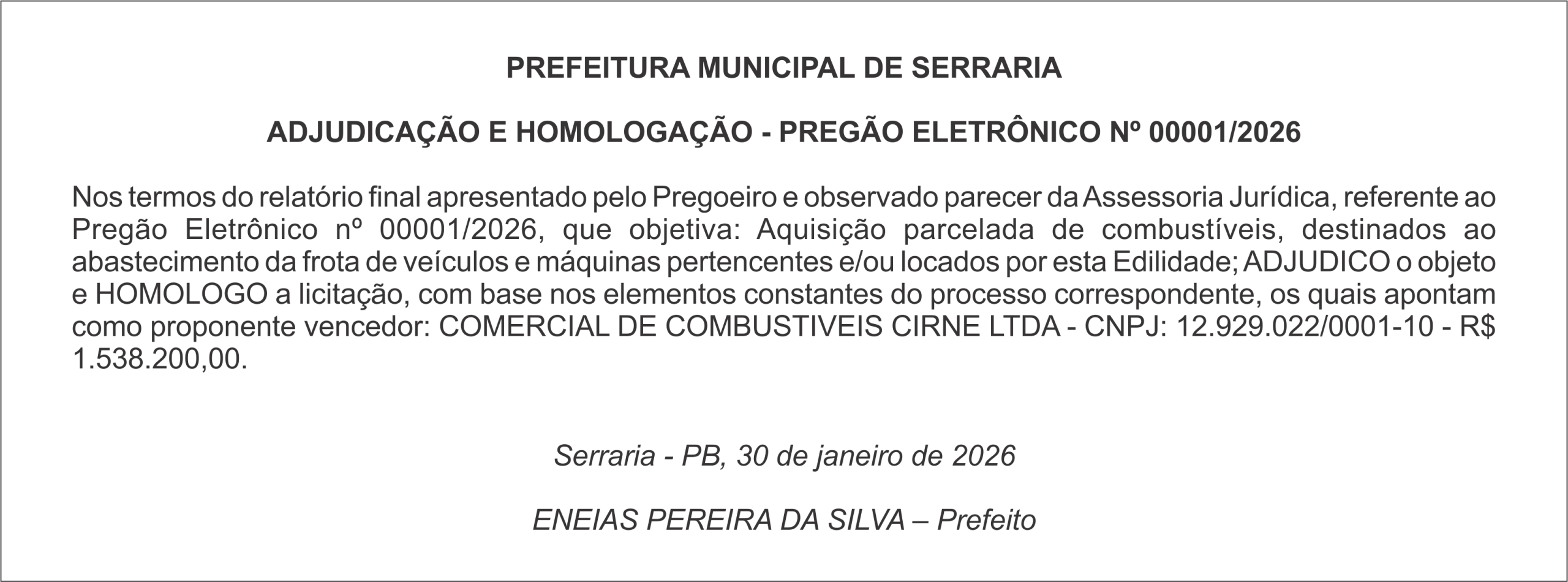 PREFEITURA MUNICIPAL DE SERRARIA – ADJUDICAÇÃO E HOMOLOGAÇÃO – PREGÃO ELETRÔNICO Nº 00001/2026