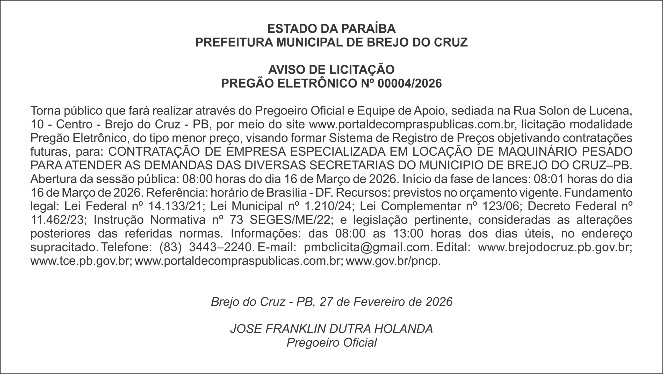 PREFEITURA MUNICIPAL DE BREJO DO CRUZ – AVISO DE LICITAÇÃO – PREGÃO ELETRÔNICO Nº 00004/2026